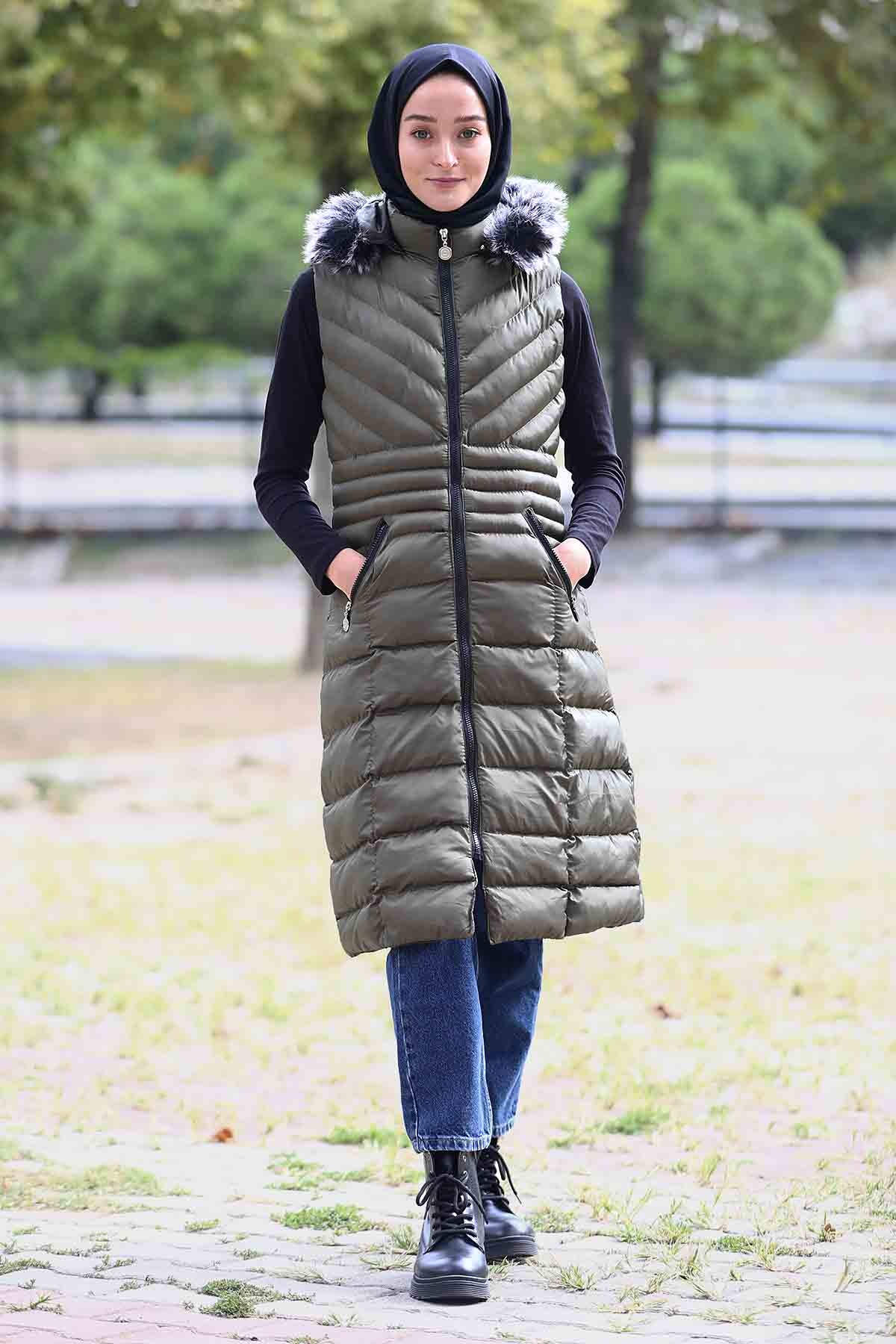 Kapüşonlu Çapraz Desen Yelek Haki - 1