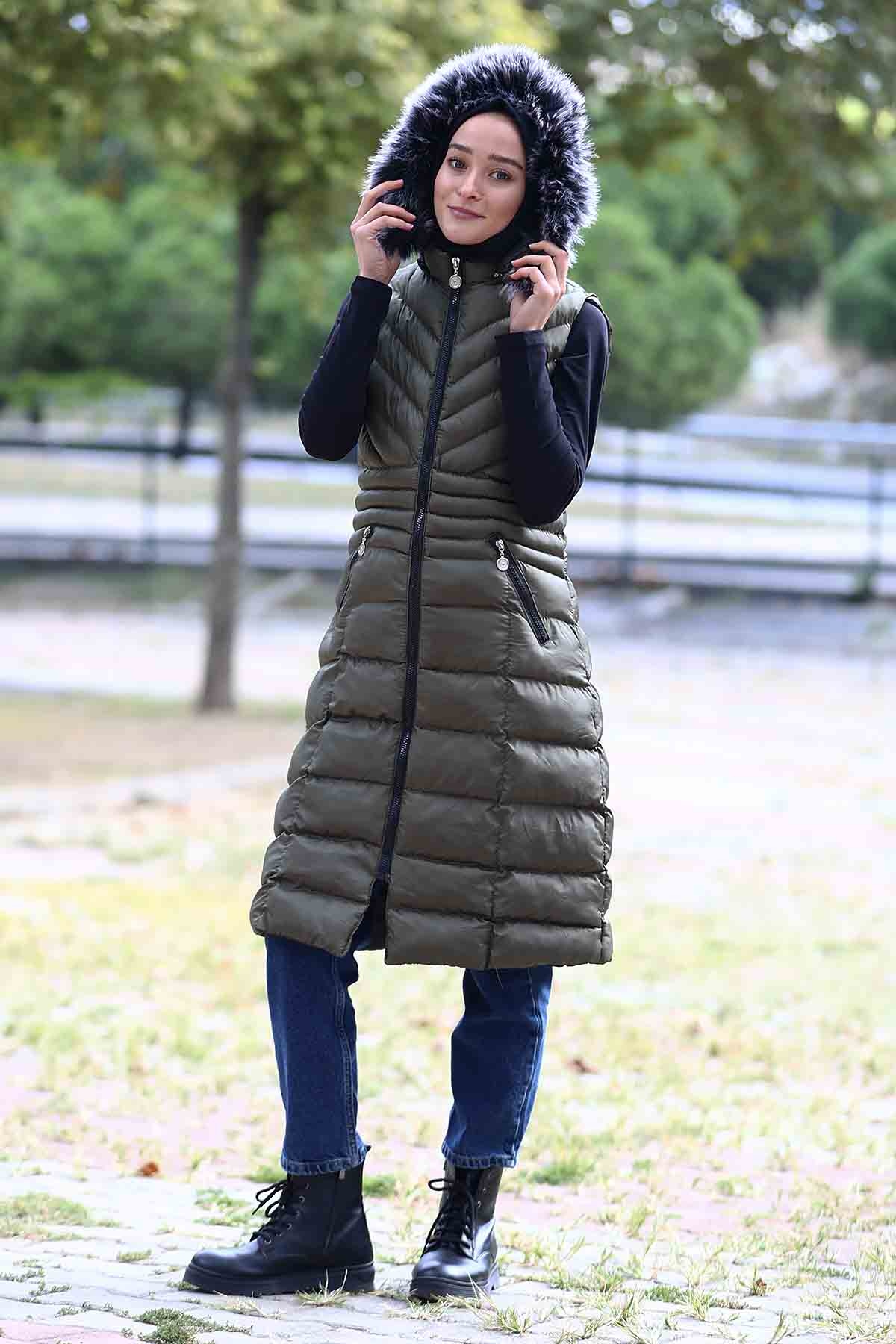 Kapüşonlu Çapraz Desen Yelek Haki - 2