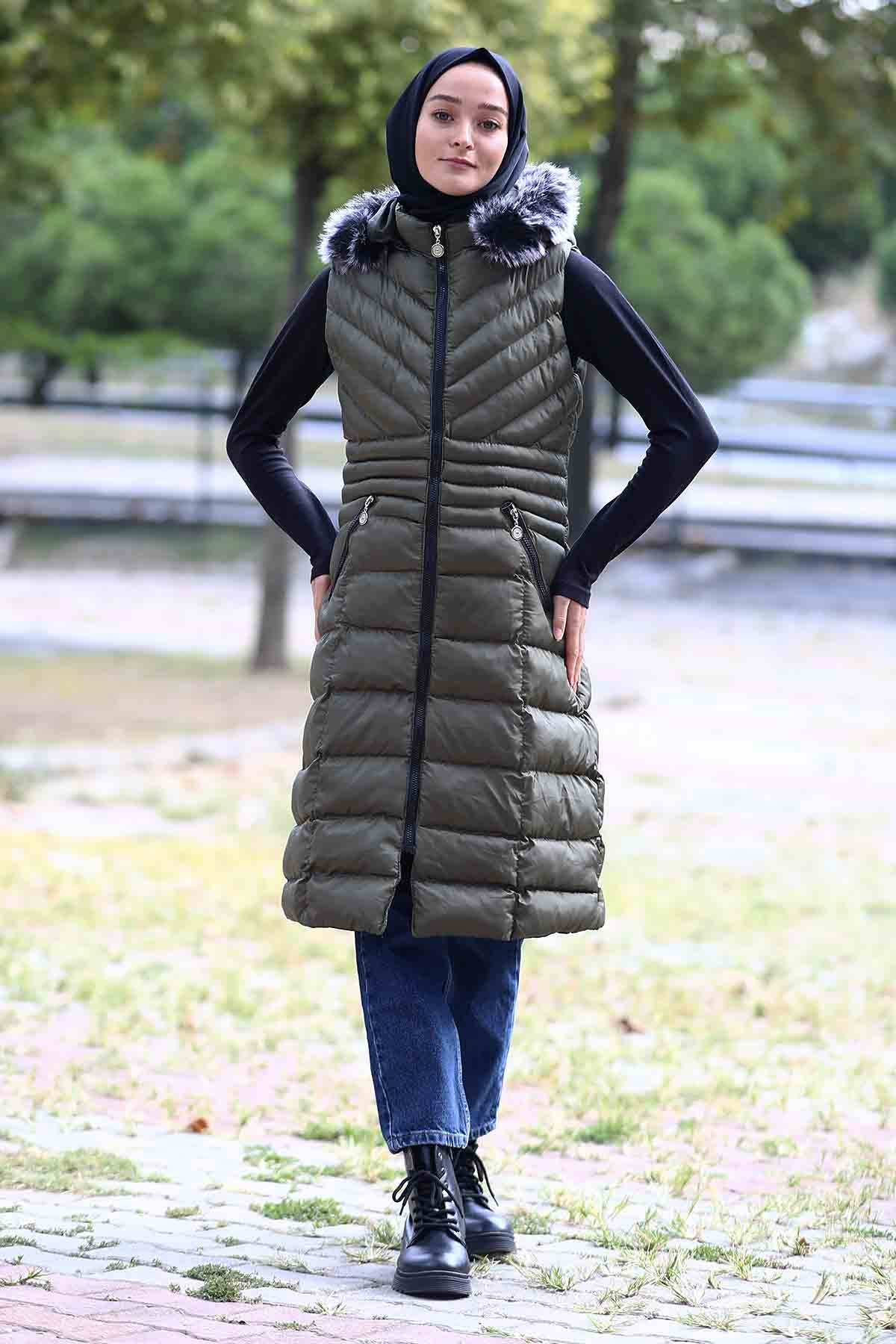 Kapüşonlu Çapraz Desen Yelek Haki - 3