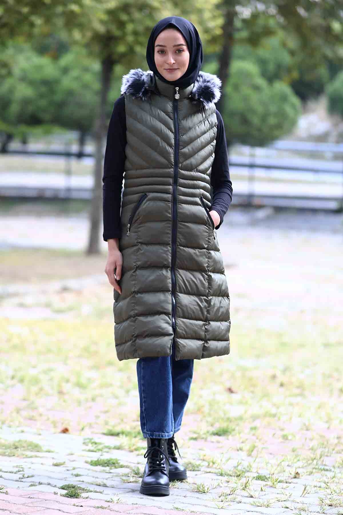 Kapüşonlu Çapraz Desen Yelek Haki - 4