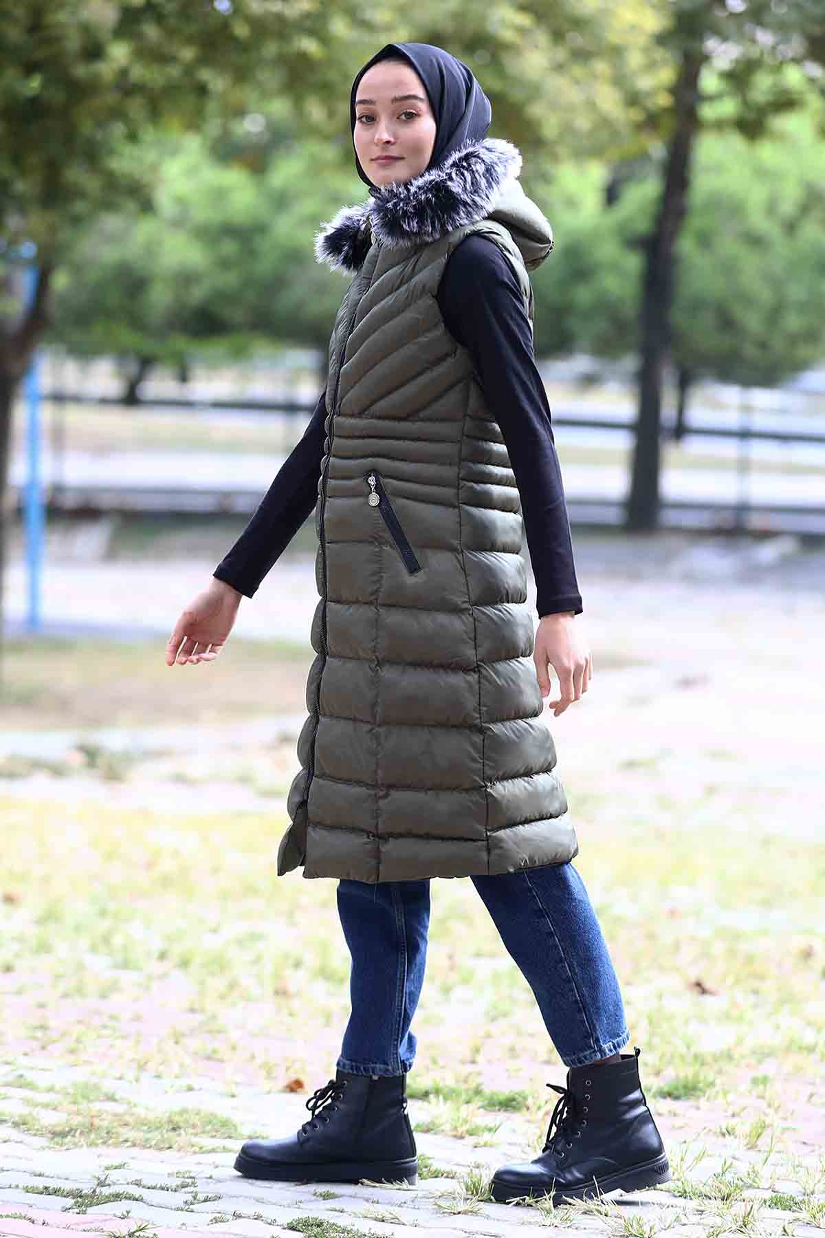 Kapüşonlu Çapraz Desen Yelek Haki - 5