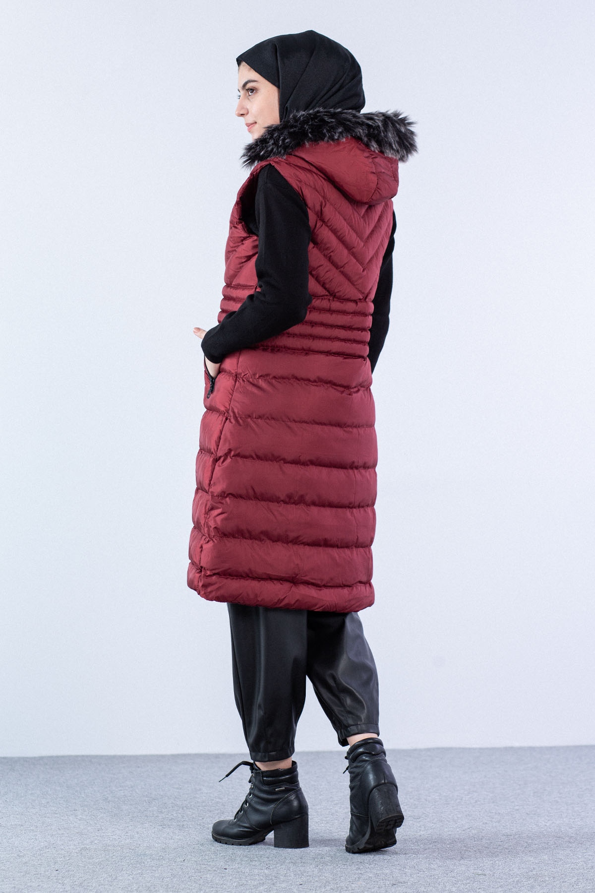 Kapüşonlu Çapraz Desen Yelek Bordo - 3