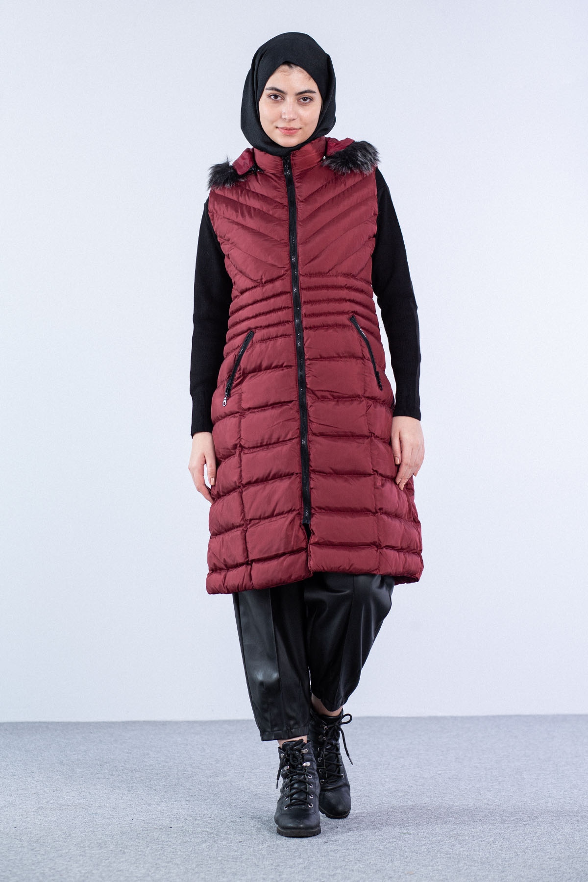 Kapüşonlu Çapraz Desen Yelek Bordo - 1