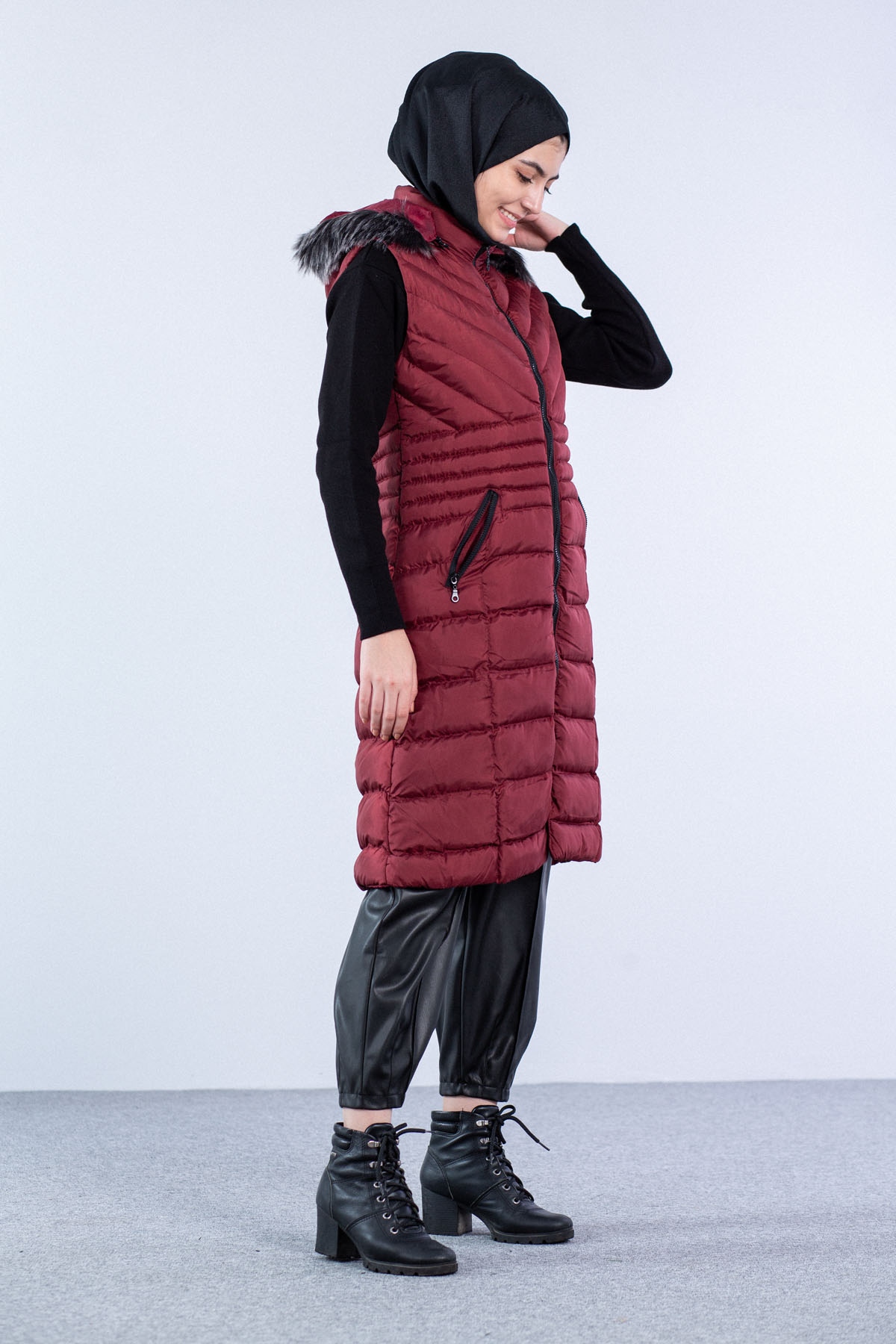 Kapüşonlu Çapraz Desen Yelek Bordo - 2