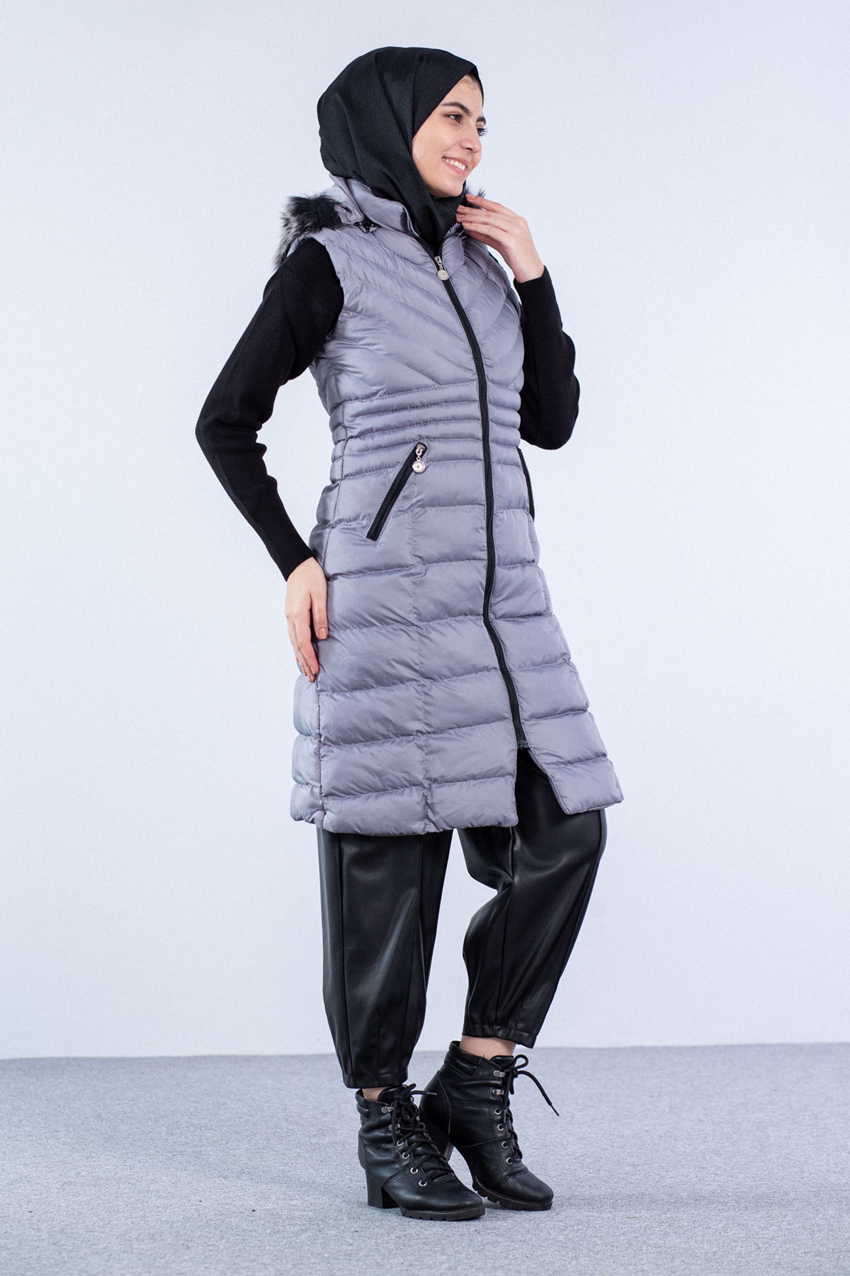 Kapüşonlu Çapraz Desen Yelek Füme - 2