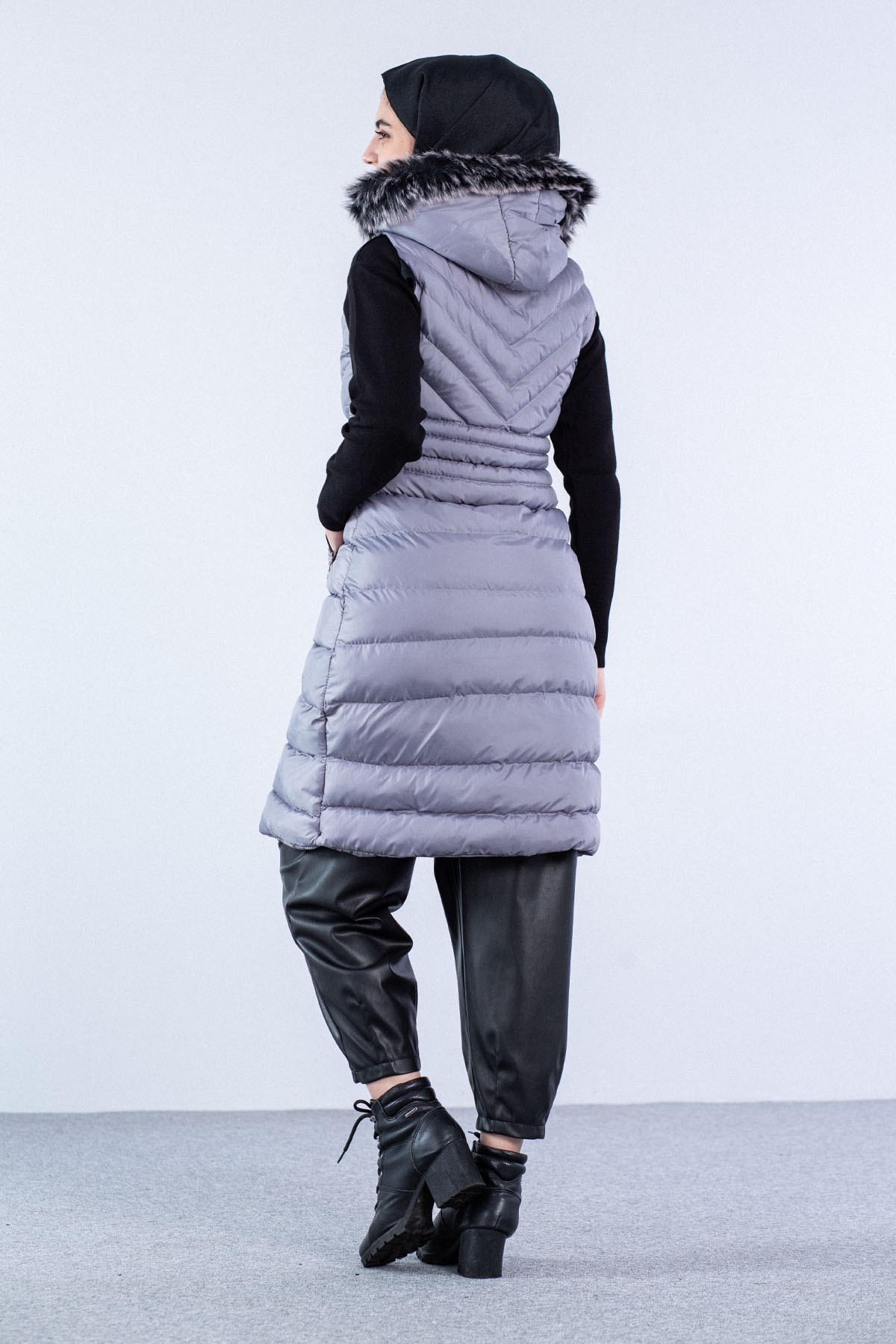 Kapüşonlu Çapraz Desen Yelek Füme - 3