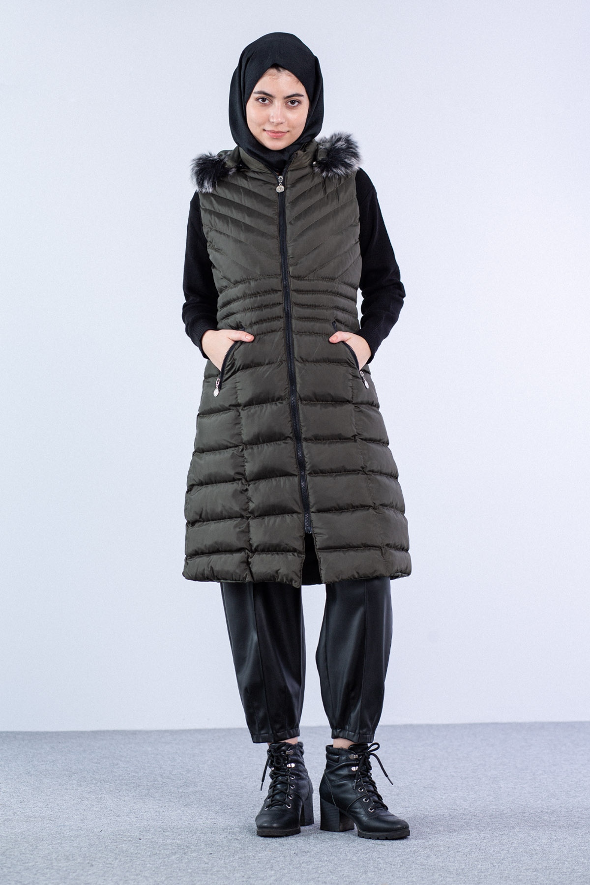 Kapüşonlu Çapraz Desen Yelek Koyu Haki - 1