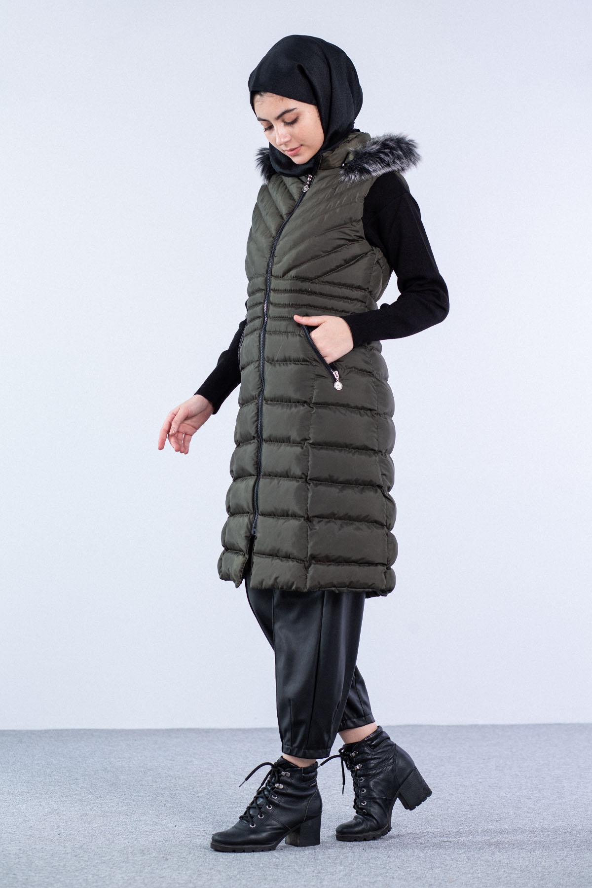 Kapüşonlu Çapraz Desen Yelek Koyu Haki - 2