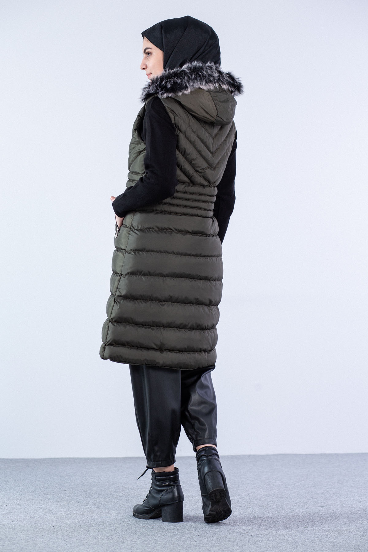 Kapüşonlu Çapraz Desen Yelek Koyu Haki - 3