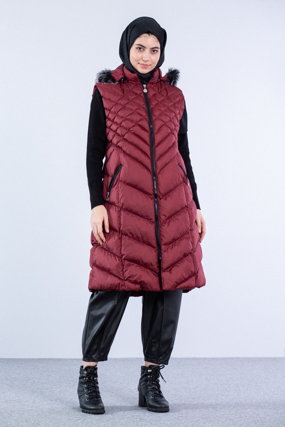 Karo Desenli Şişme Yelek Bordo - 1