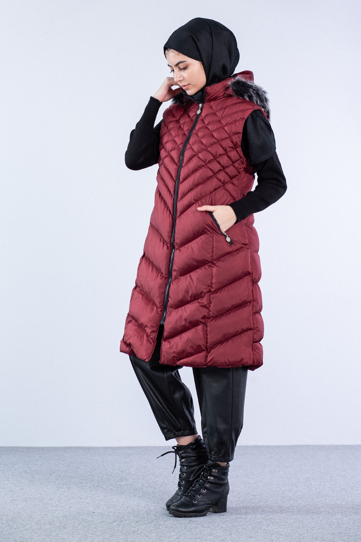 Karo Desenli Şişme Yelek Bordo - 2