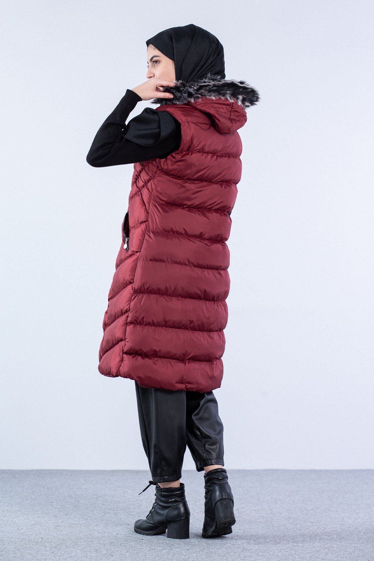 Karo Desenli Şişme Yelek Bordo - 3