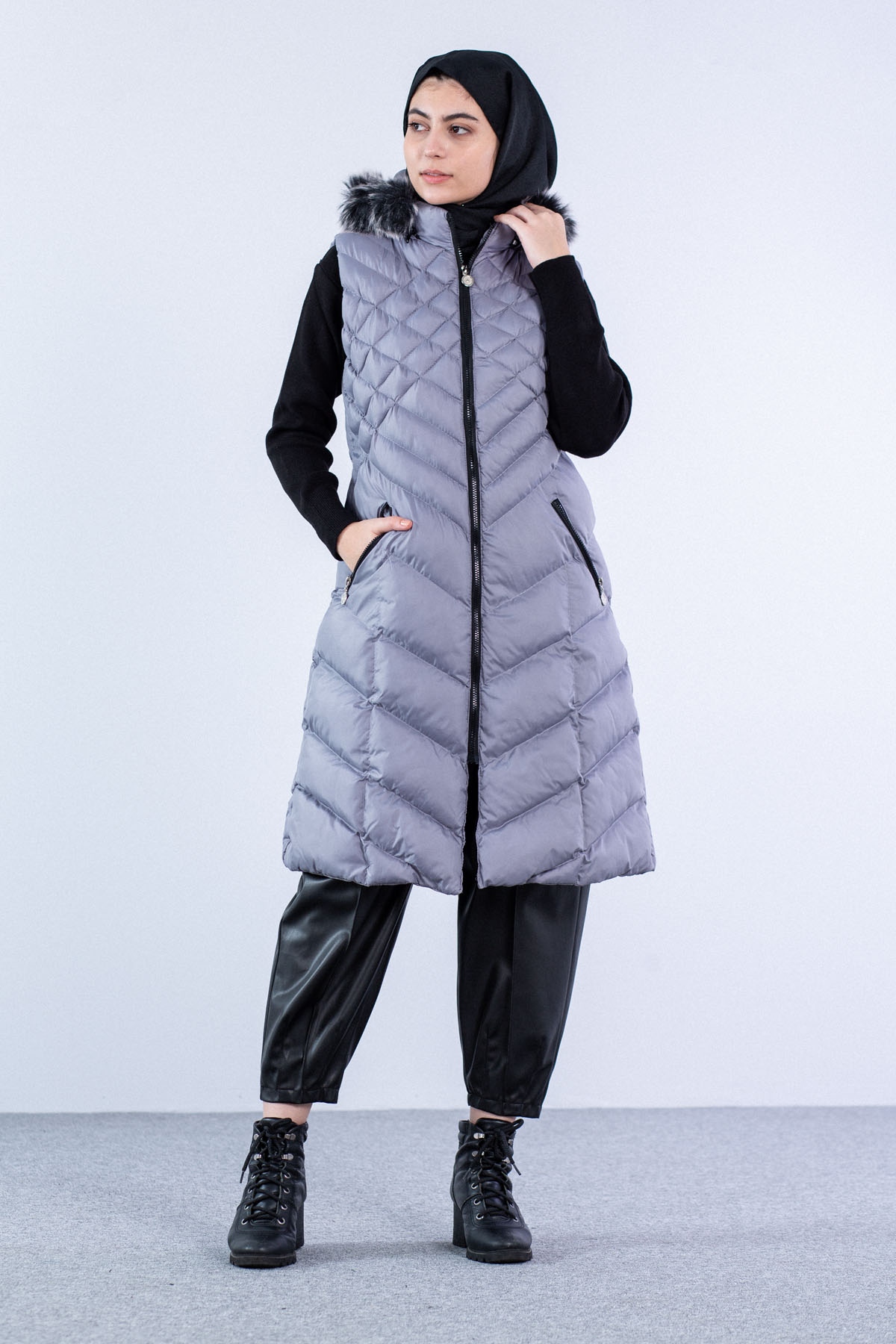 Karo Desenli Şişme Yelek Füme - 1