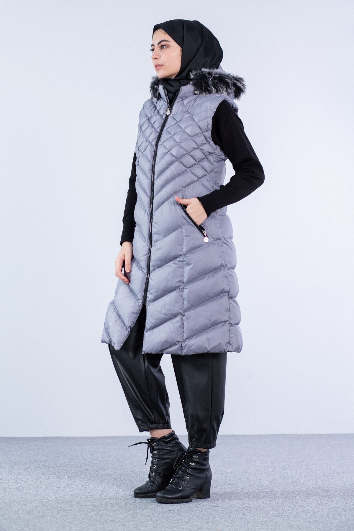 Karo Desenli Şişme Yelek Füme - 2