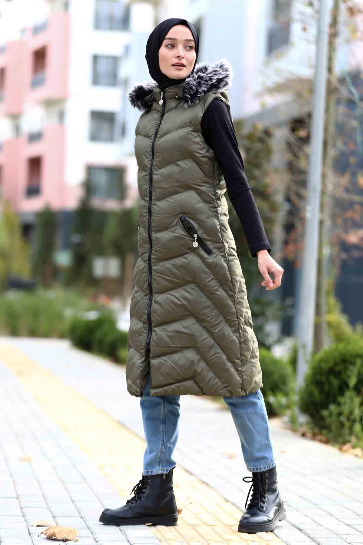 Kapüşonlu Yelek Haki - 1