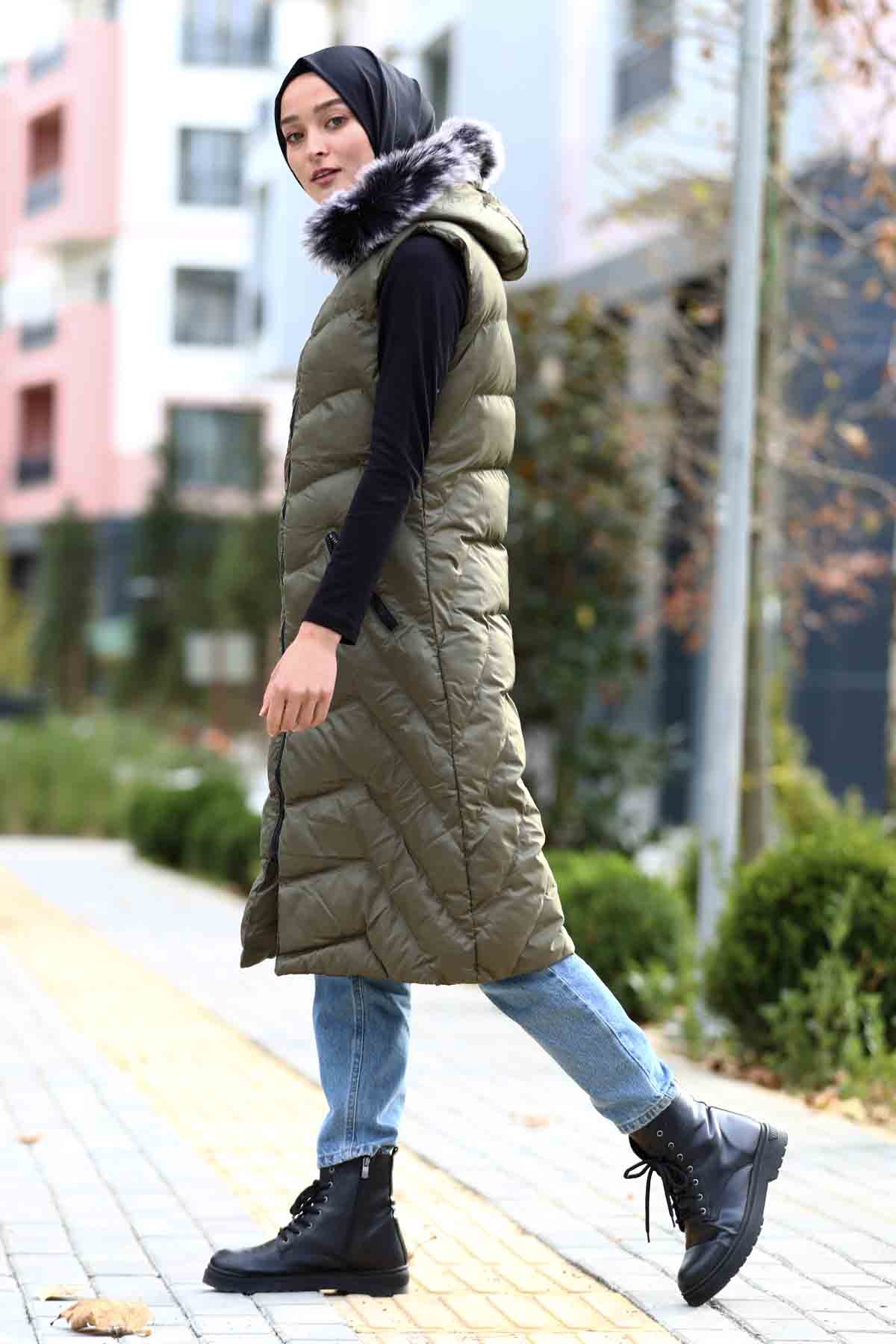 Kapüşonlu Yelek Haki - 4