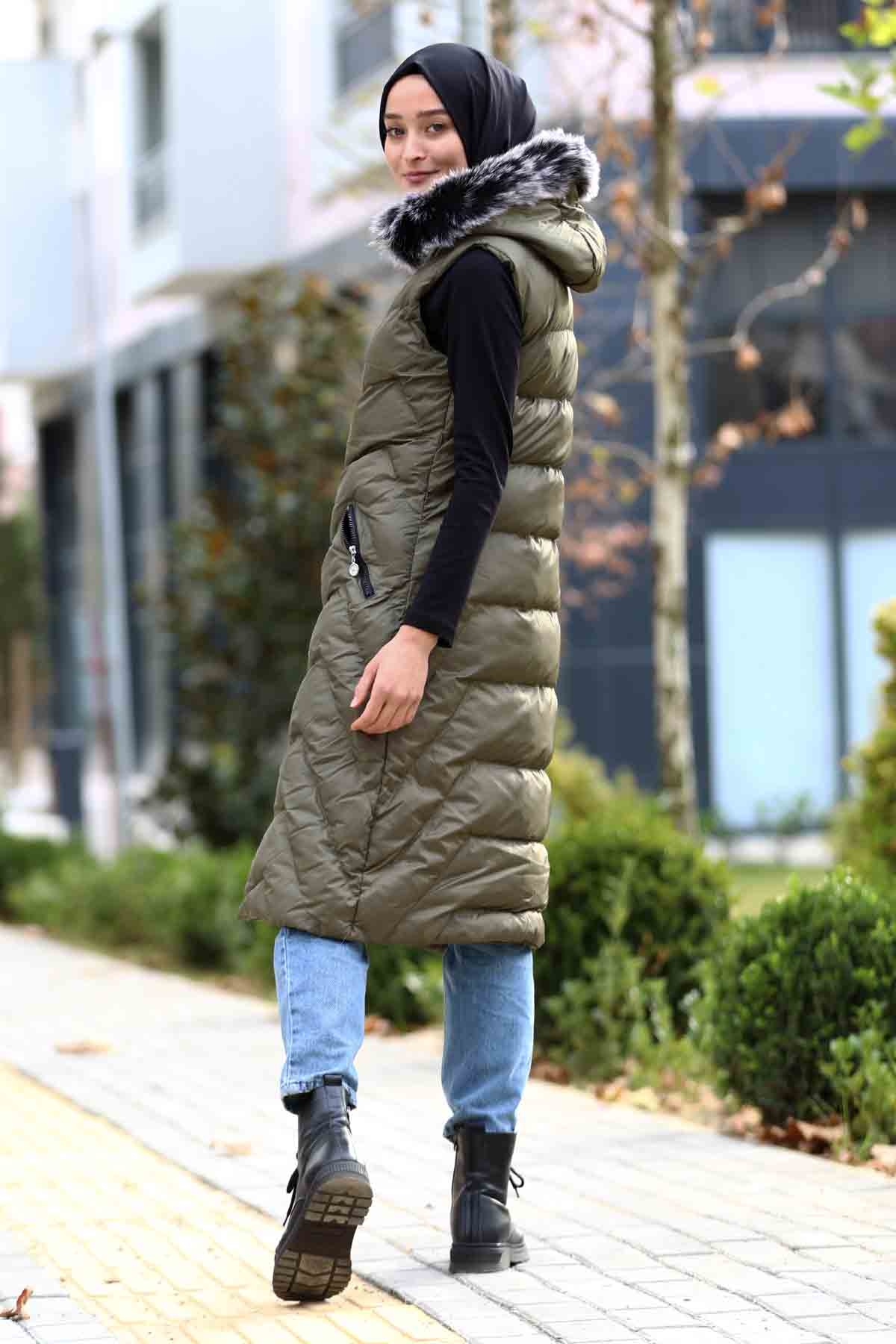 Kapüşonlu Yelek Haki - 5