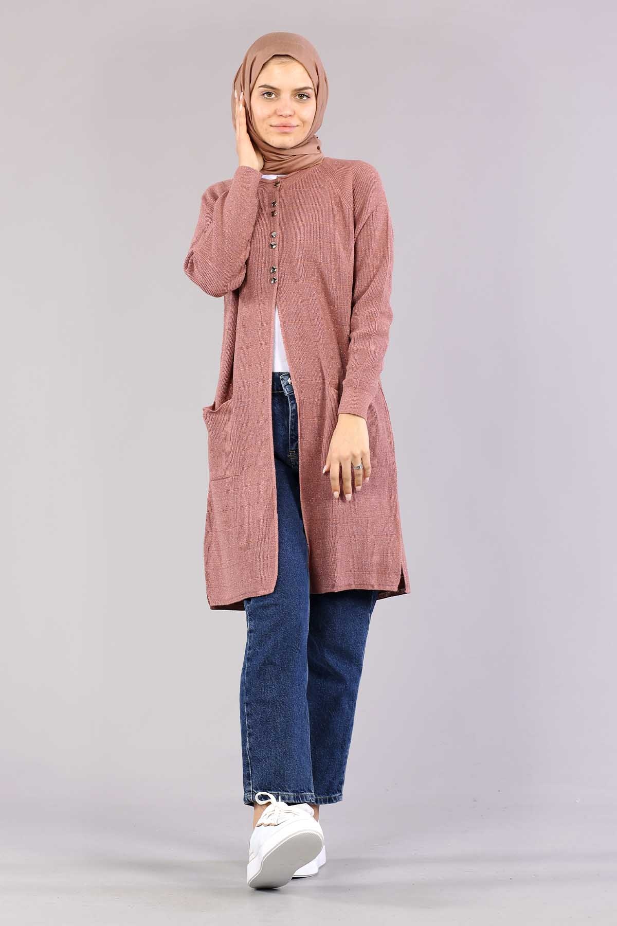 10238 Simli örme Hirka Tek - Gul - 1