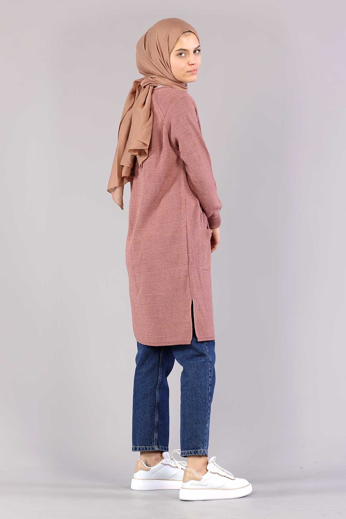 10238 Simli örme Hirka Tek - Gul - 3