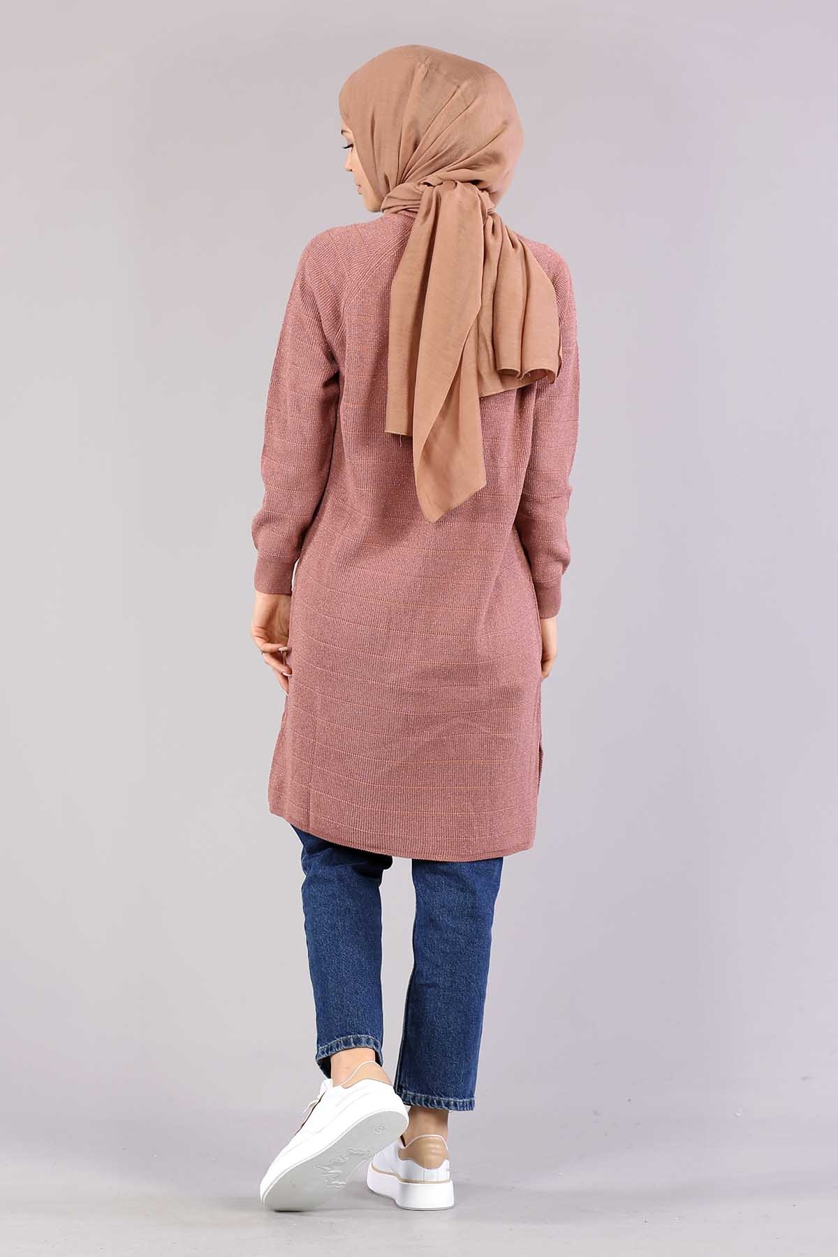 10238 Simli örme Hirka Tek - Gul - 4