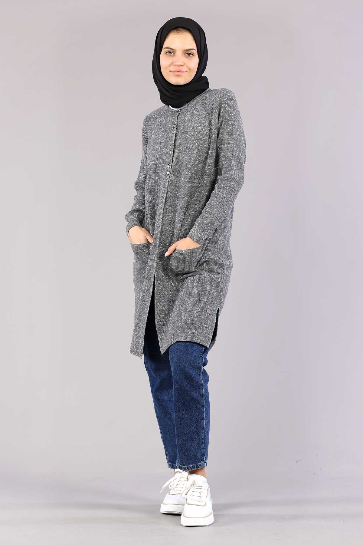 10238 Simli örme Hirka Tek - Gumus - 1