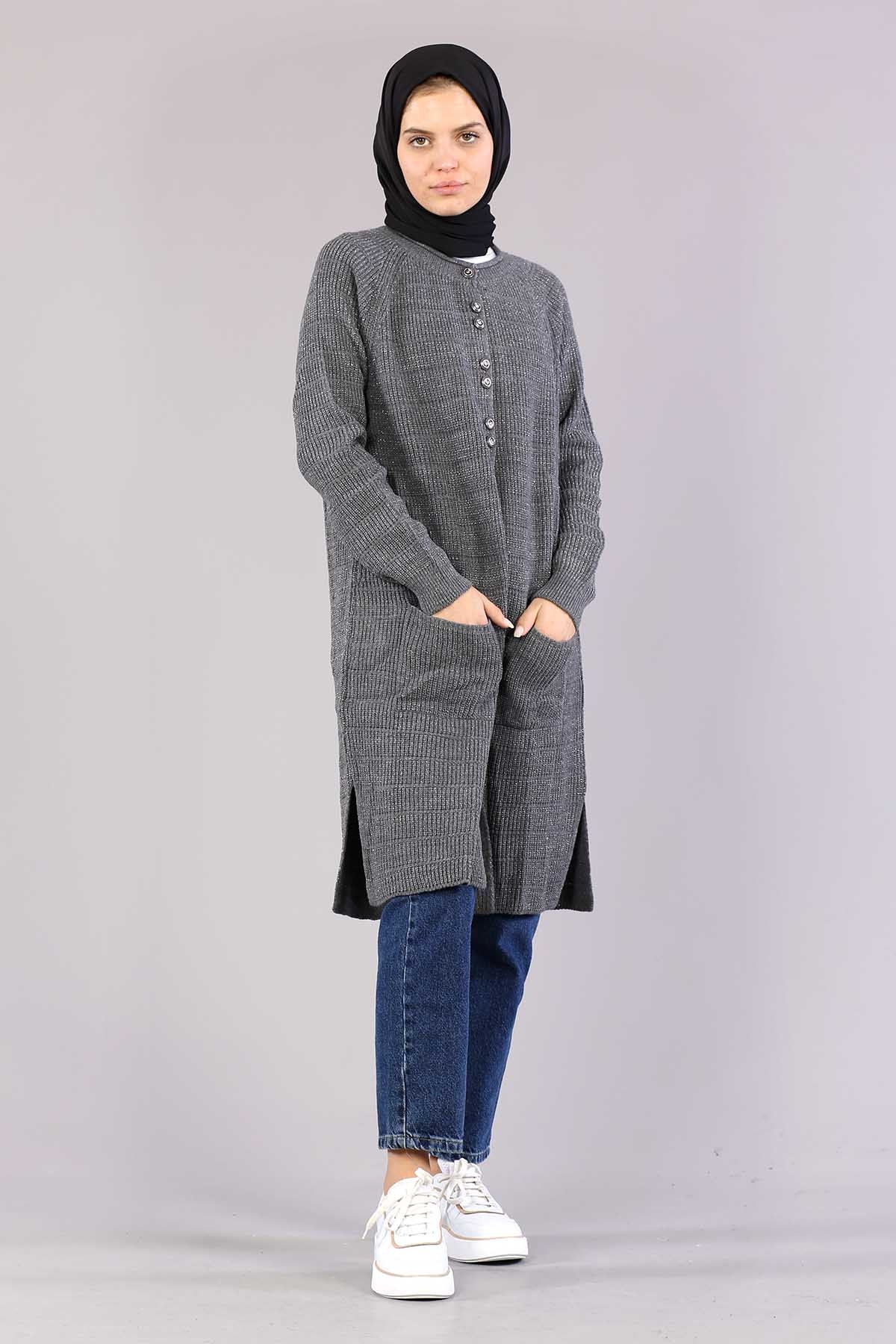 10238 Simli örme Hirka Tek - Gumus - 2