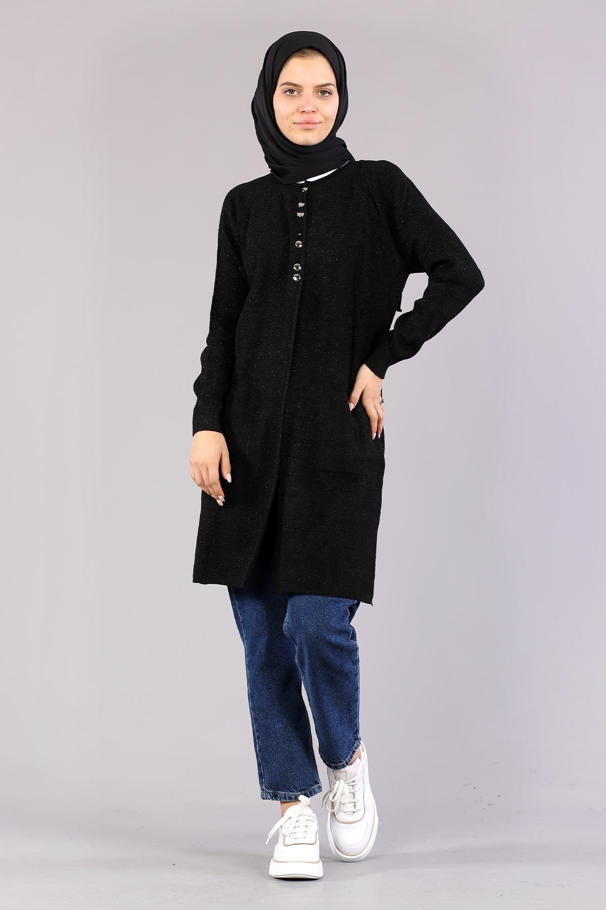 10238 Simli örme Hirka Tek - Siyah - 1