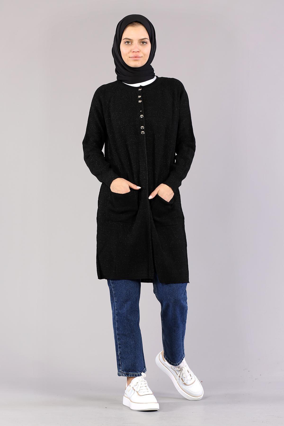 10238 Simli örme Hirka Tek - Siyah - 2