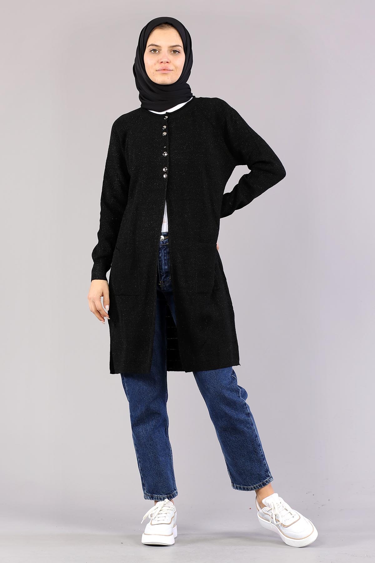 10238 Simli örme Hirka Tek - Siyah - 3