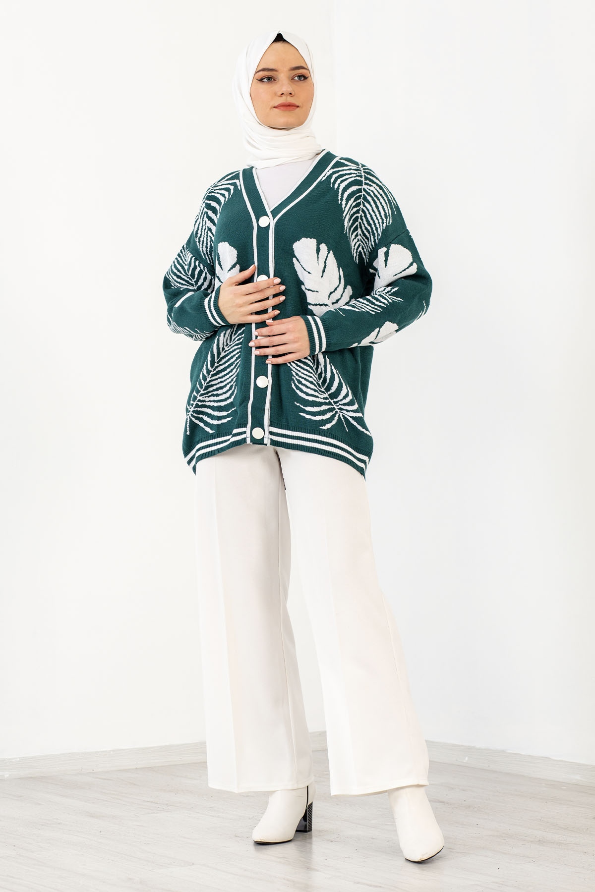 10325 Yaprak Desenli Ceket Tek - Yesil - 1