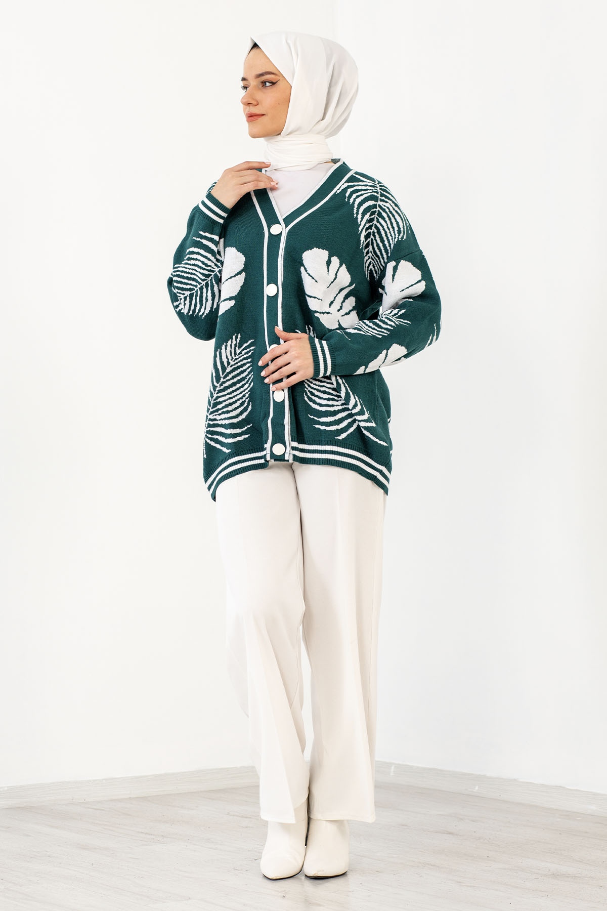 10325 Yaprak Desenli Ceket Tek - Yesil - 2