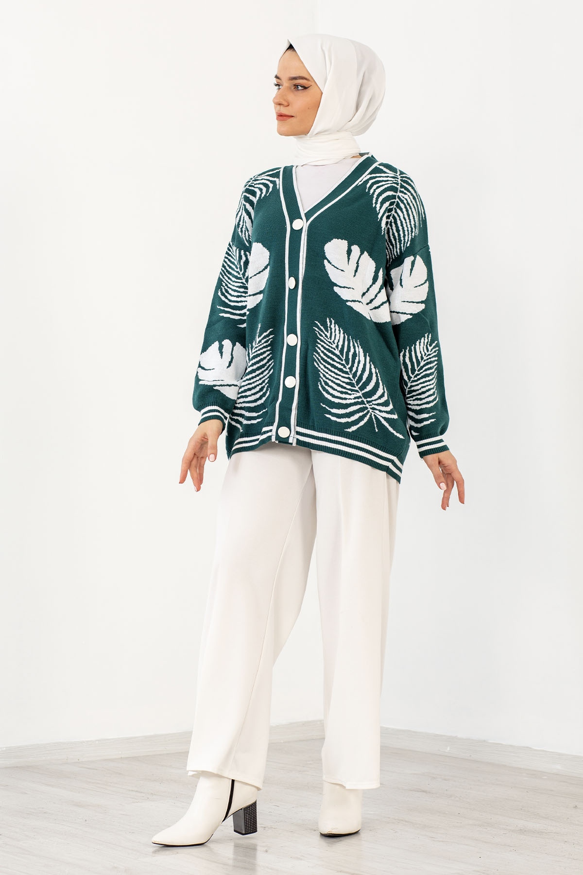 10325 Yaprak Desenli Ceket Tek - Yesil - 3