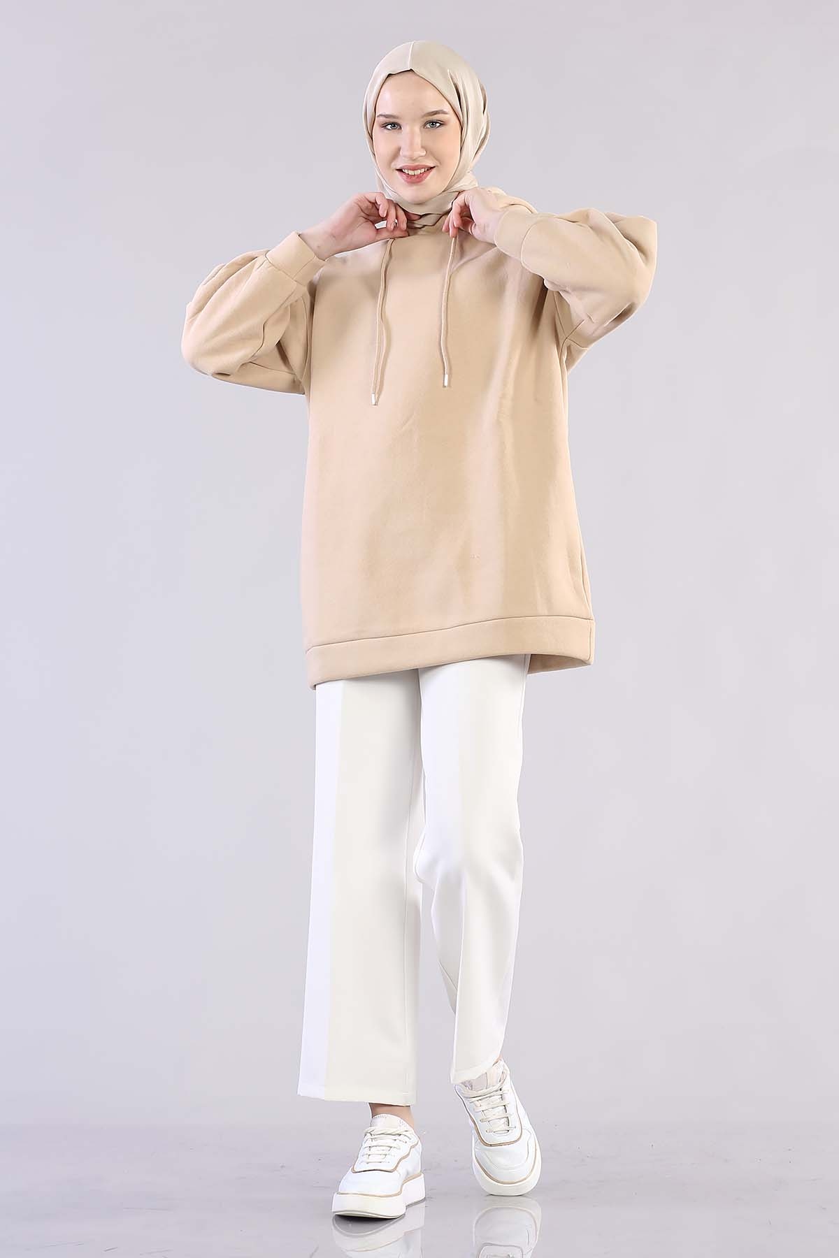 1081 Kapşonlu Tunik 38-44 - Bej - 3