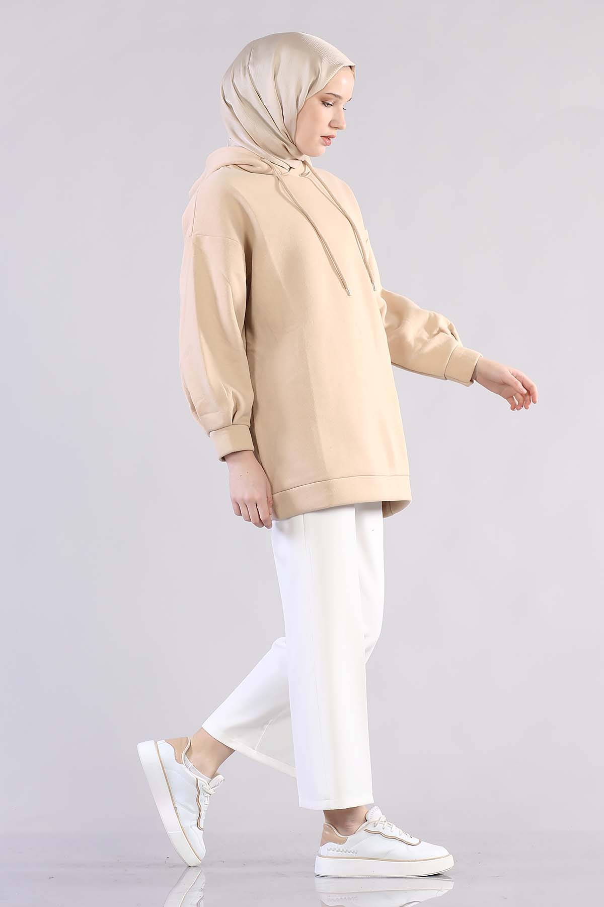 1081 Kapşonlu Tunik 38-44 - Bej - 5