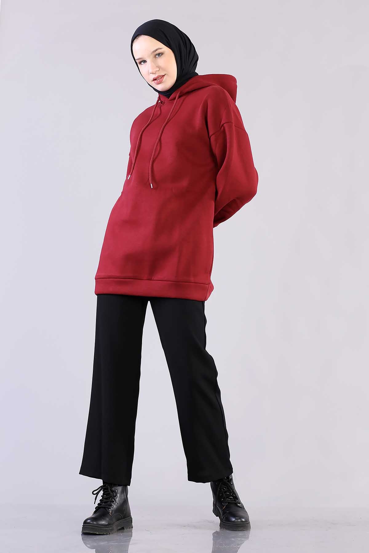 1081 Kapşonlu Tunik 38-44 - Bordo - 2