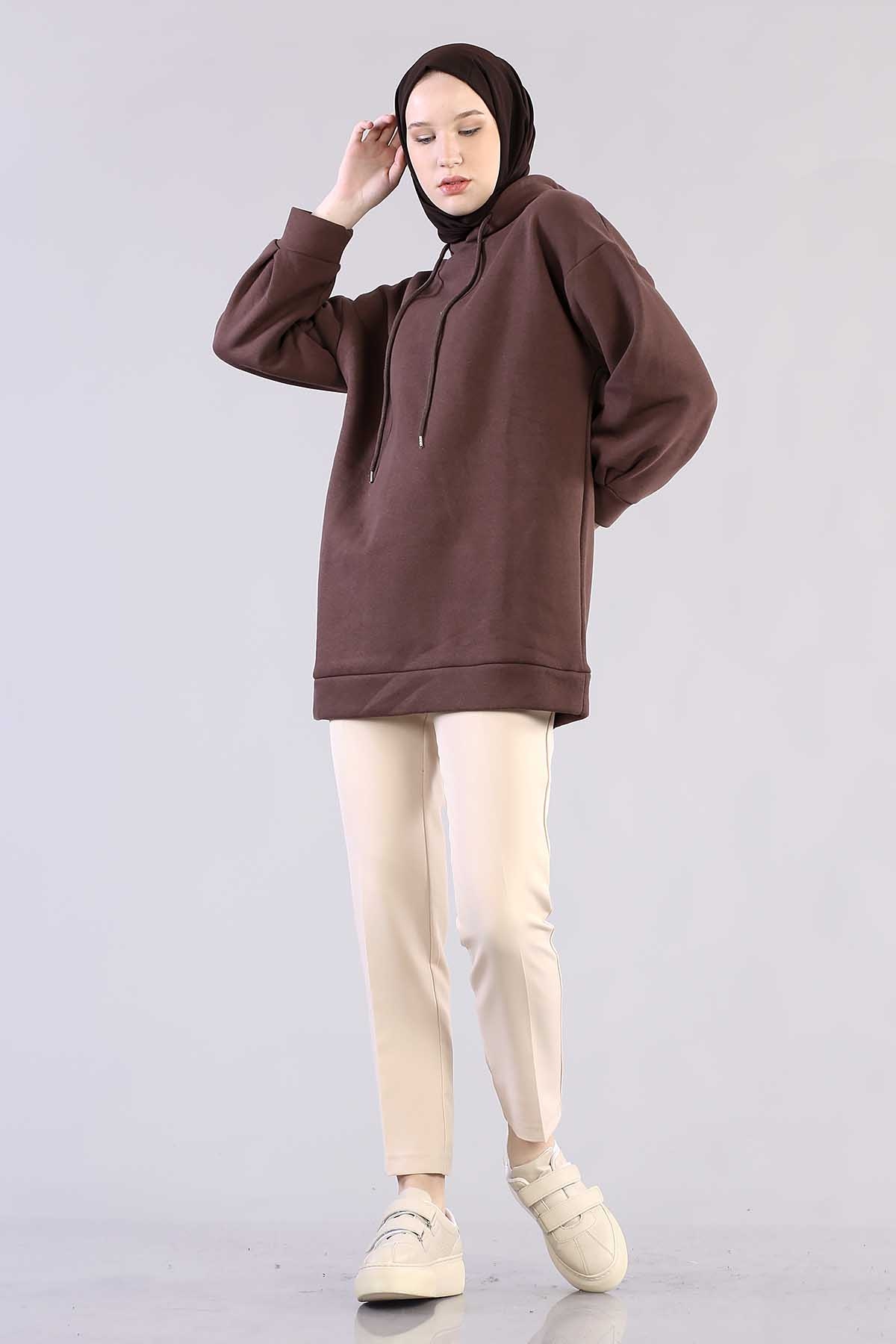 1081 Kapşonlu Tunik 38-44 - Kahve - 1