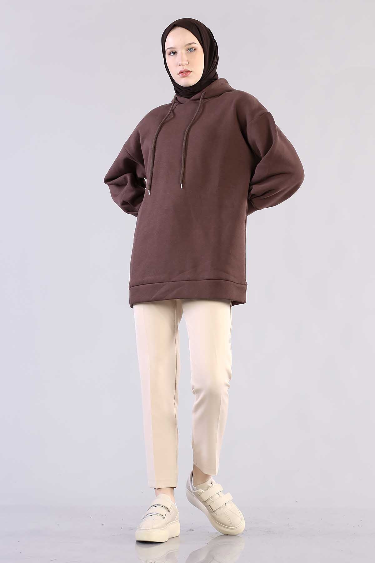 1081 Kapşonlu Tunik 38-44 - Kahve - 3
