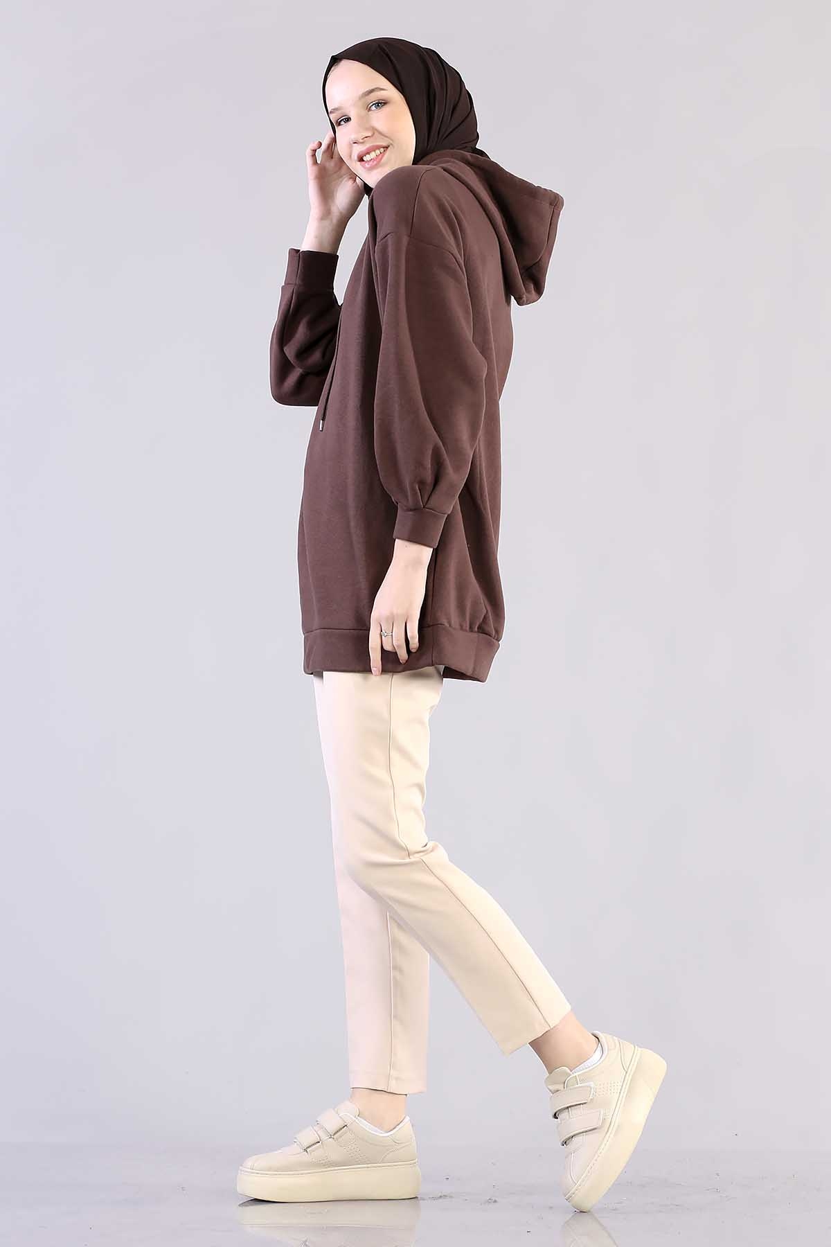 1081 Kapşonlu Tunik 38-44 - Kahve - 4
