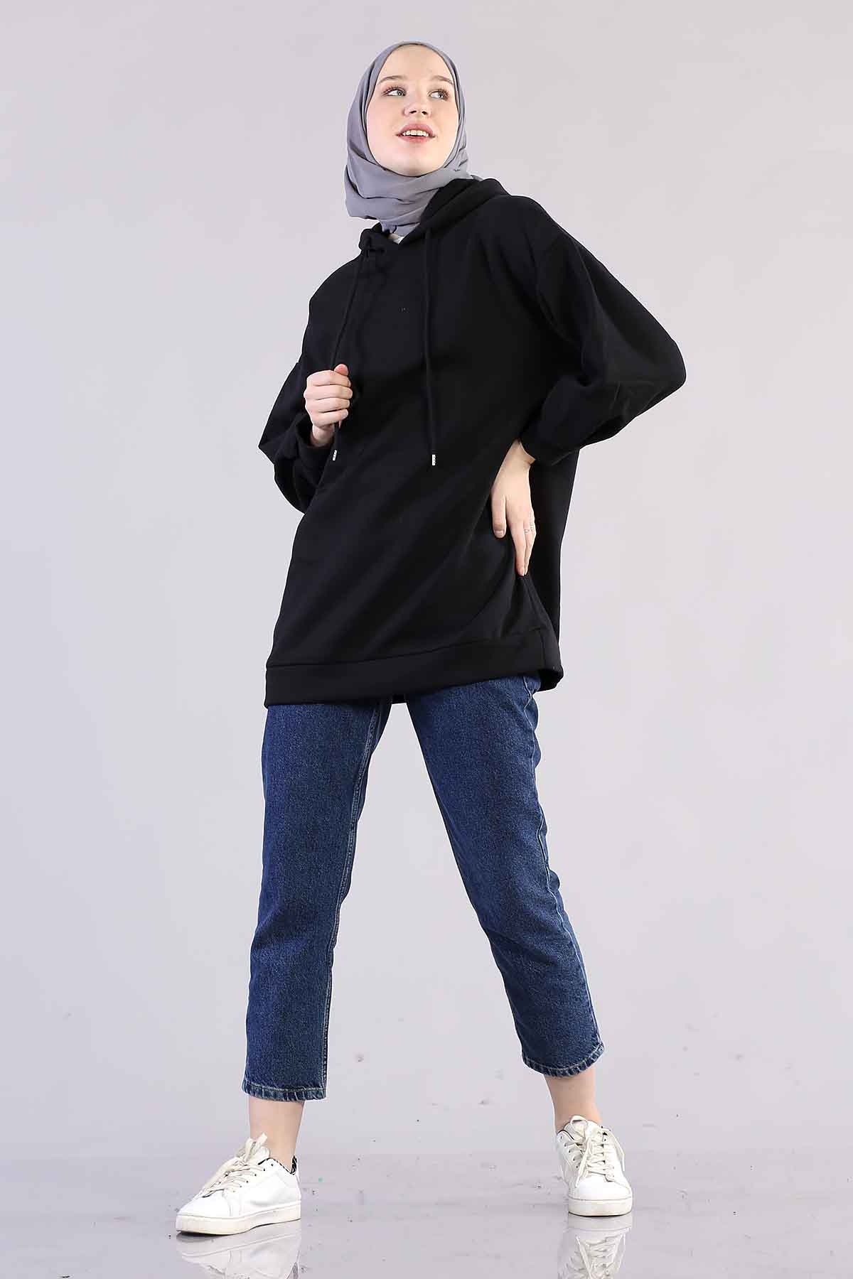1081 Kapşonlu Tunik 38-44 - Siyah - 1