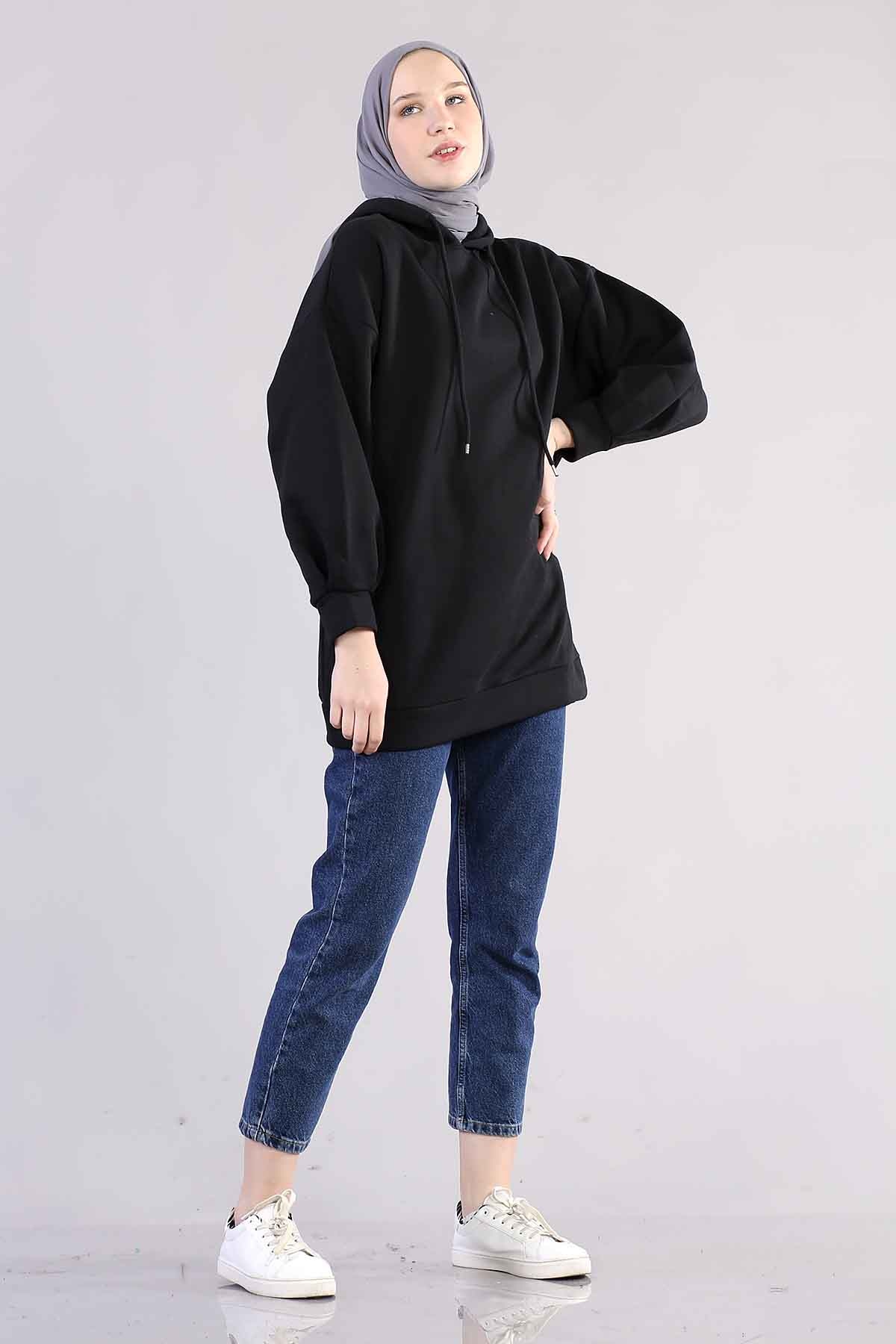 1081 Kapşonlu Tunik 38-44 - Siyah - 3