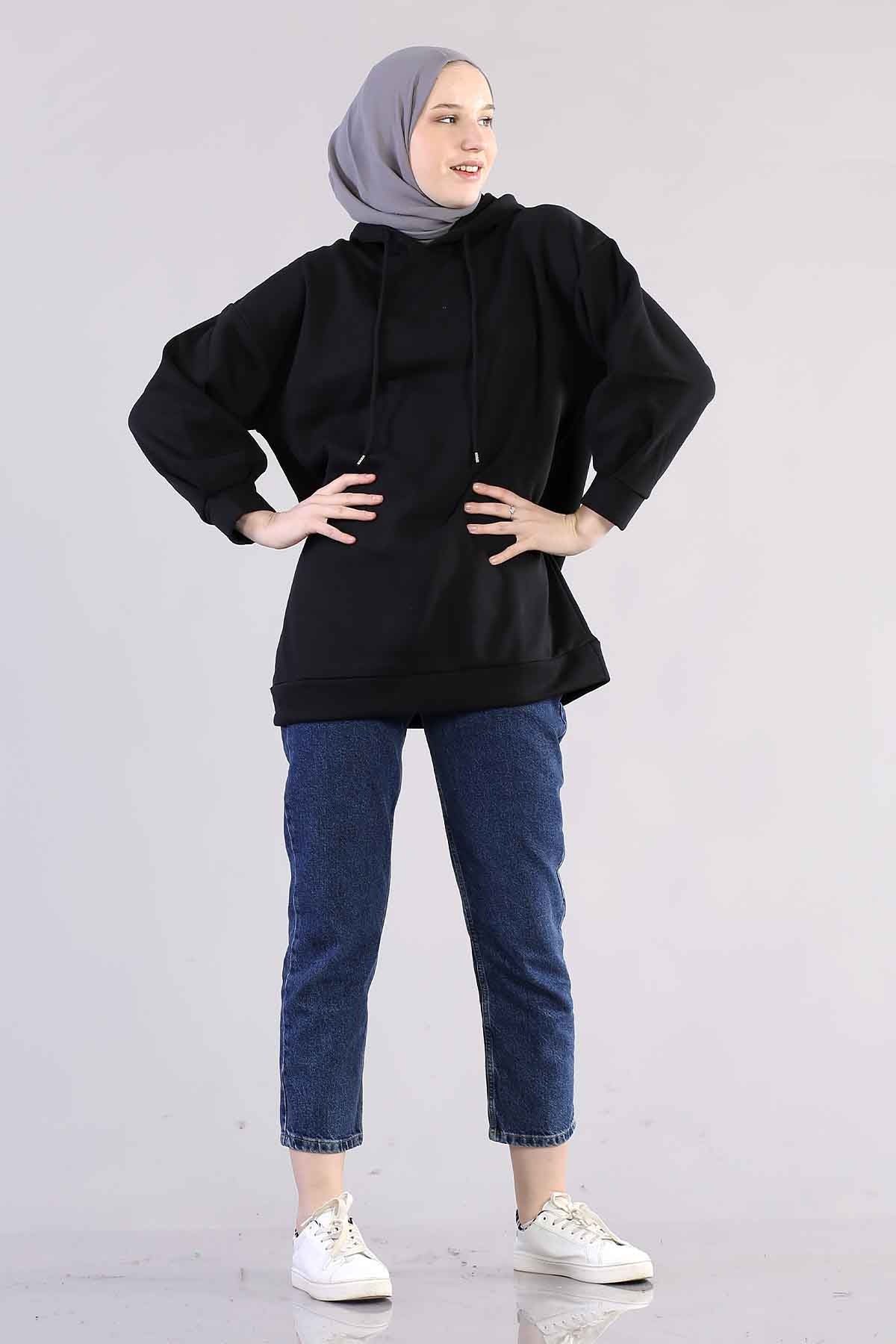 1081 Kapşonlu Tunik 38-44 - Siyah - 4