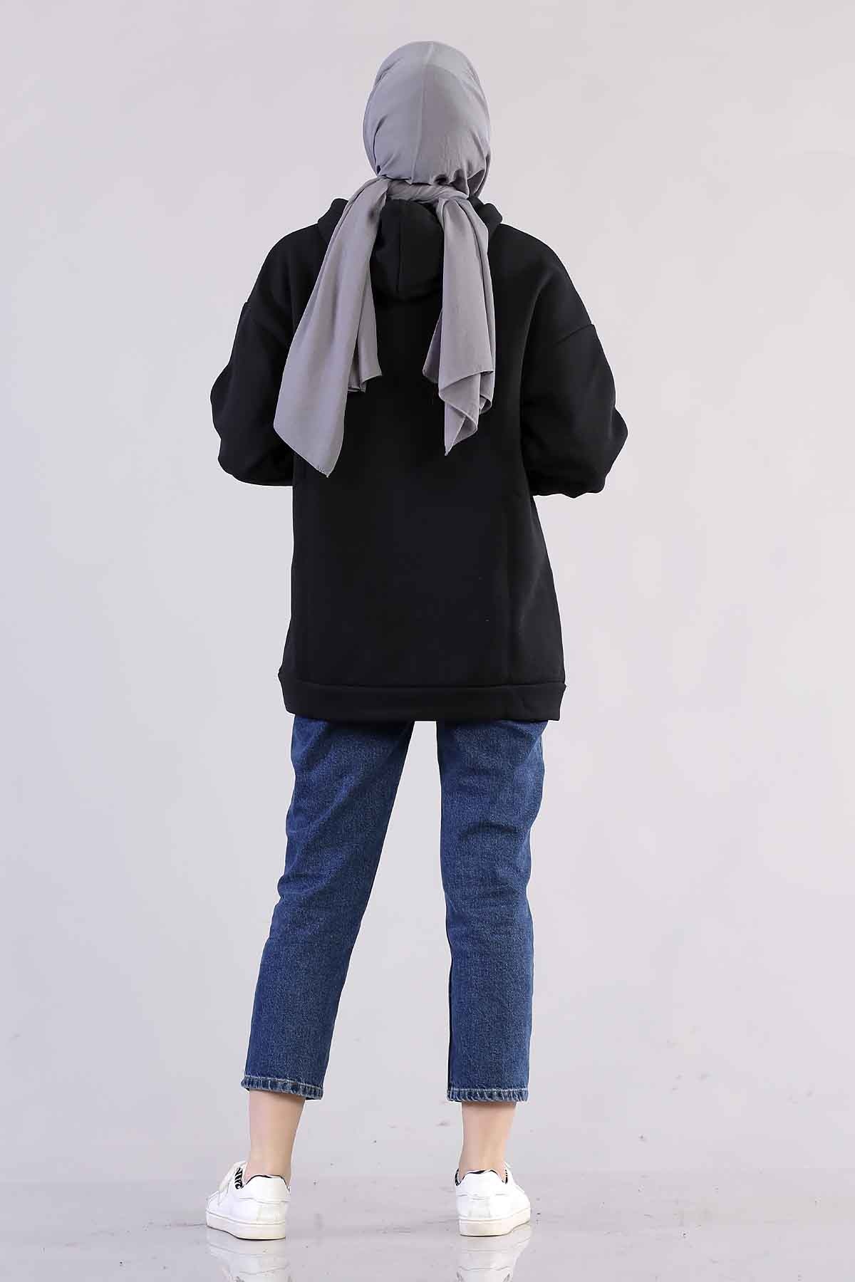 1081 Kapşonlu Tunik 38-44 - Siyah - 5