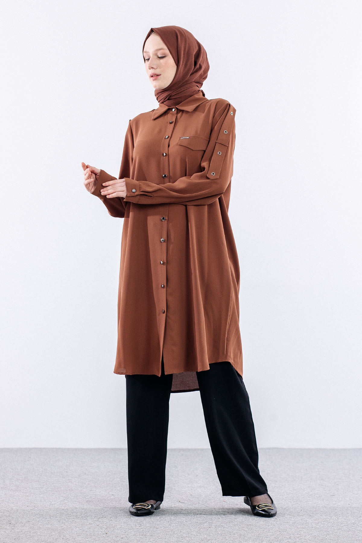 1090 Tunik 44-54 Omuz Kusgozu - Kahve - 1