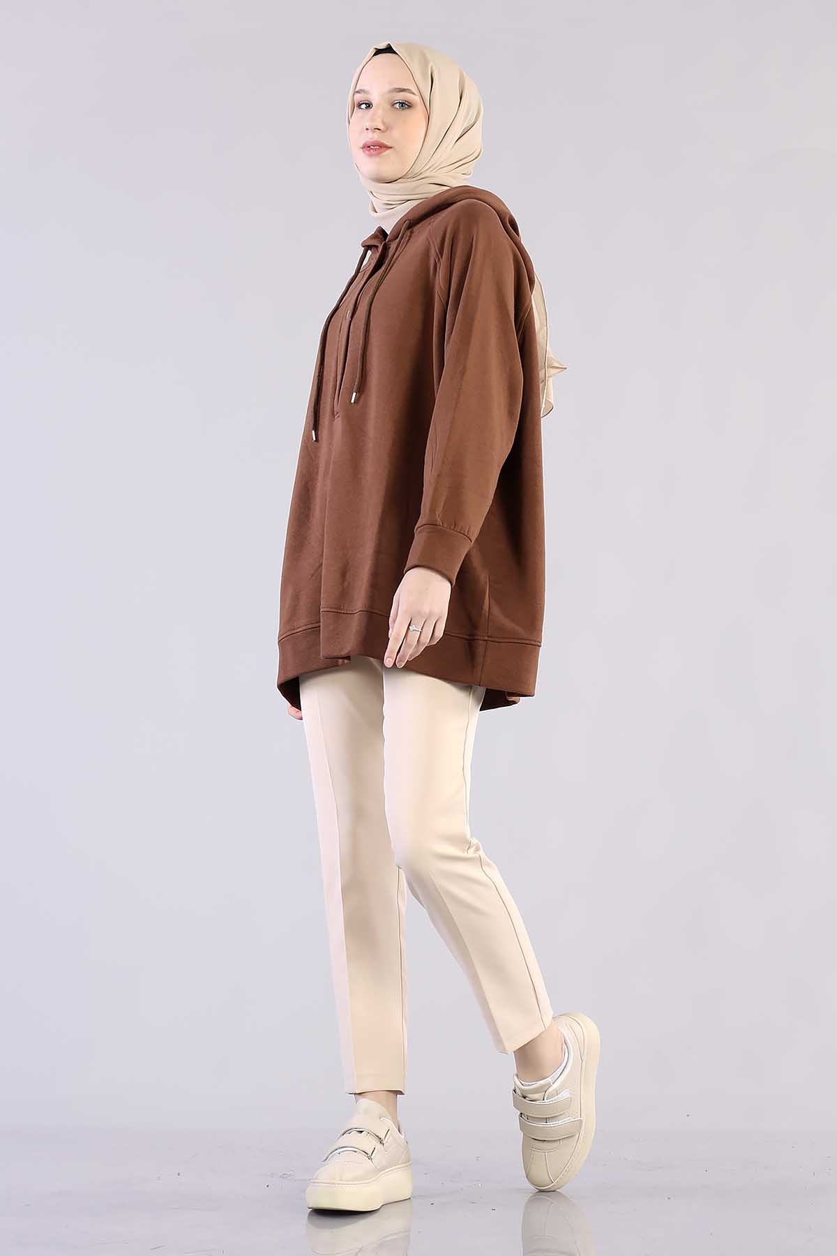 1203 Oversize Tunik Tek - Kahve - 1