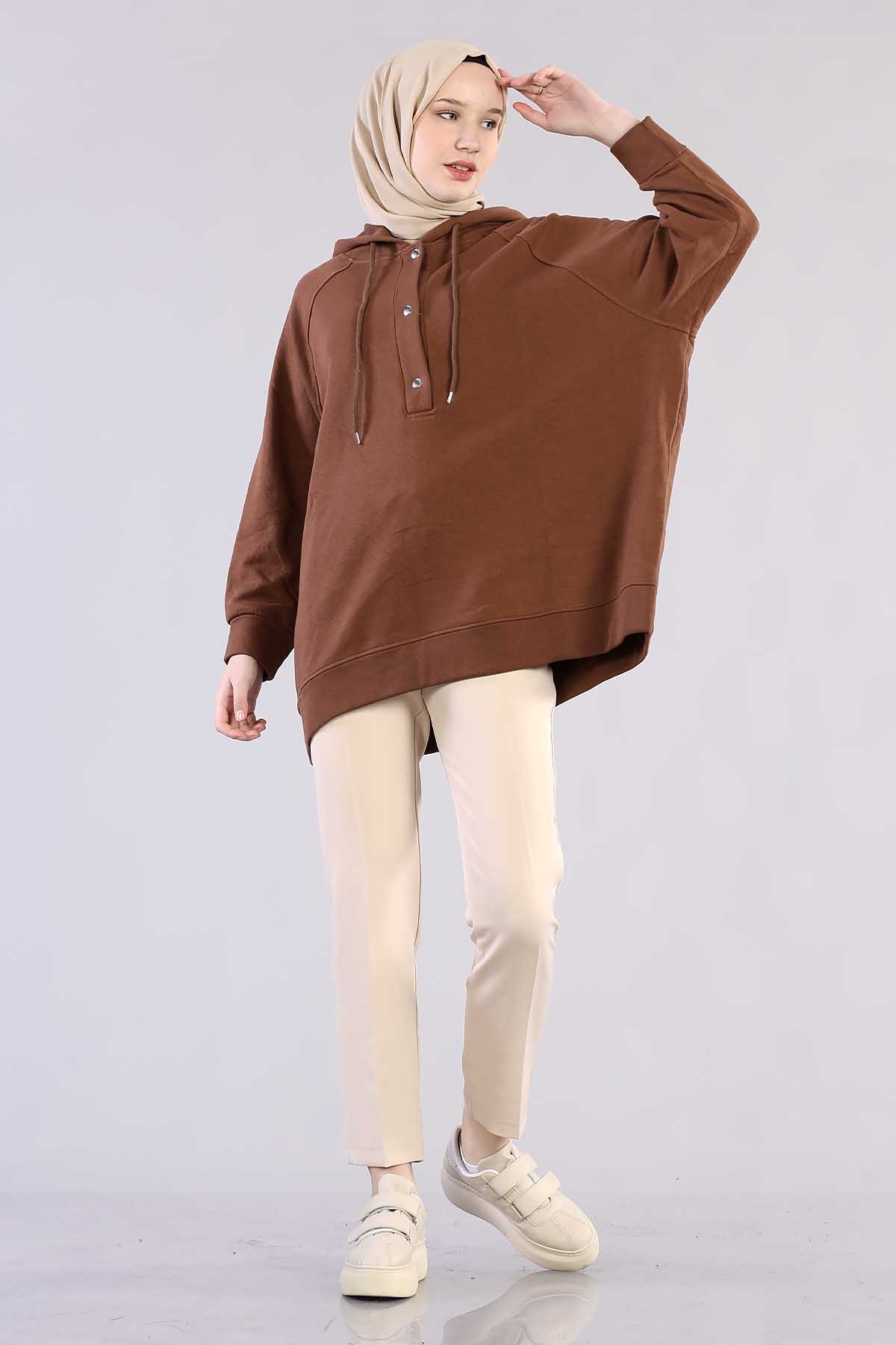 1203 Oversize Tunik Tek - Kahve - 2