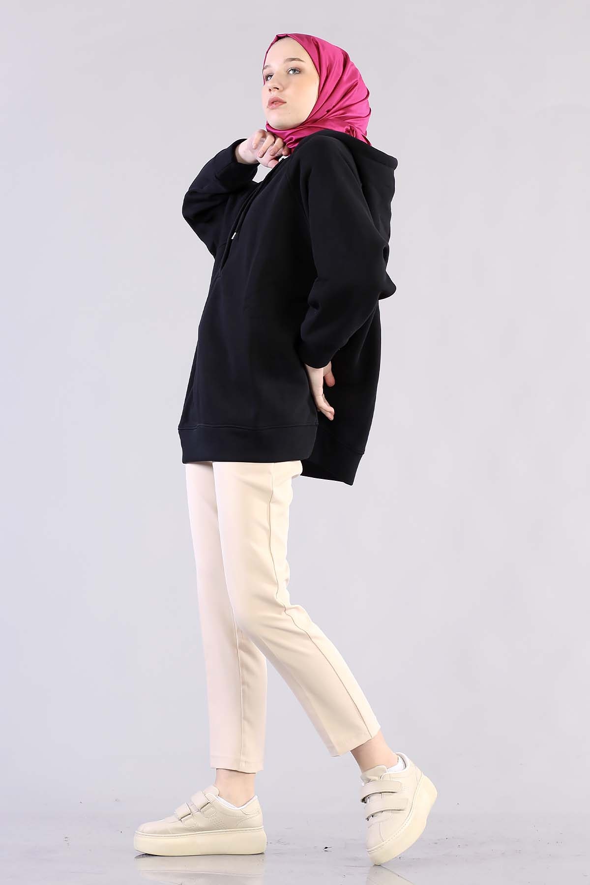 1203 Oversize Tunik Tek - Siyah - 2