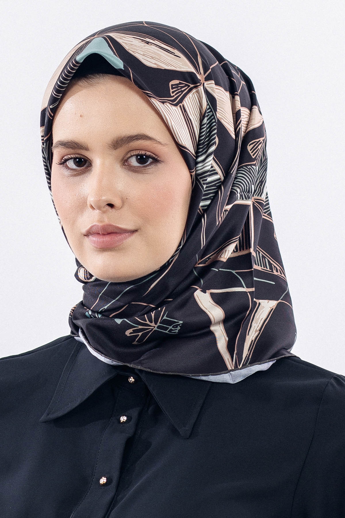 12507 Polyester Eşarp Tvıl Dokuma 90*90 - Siyah_krem - 1