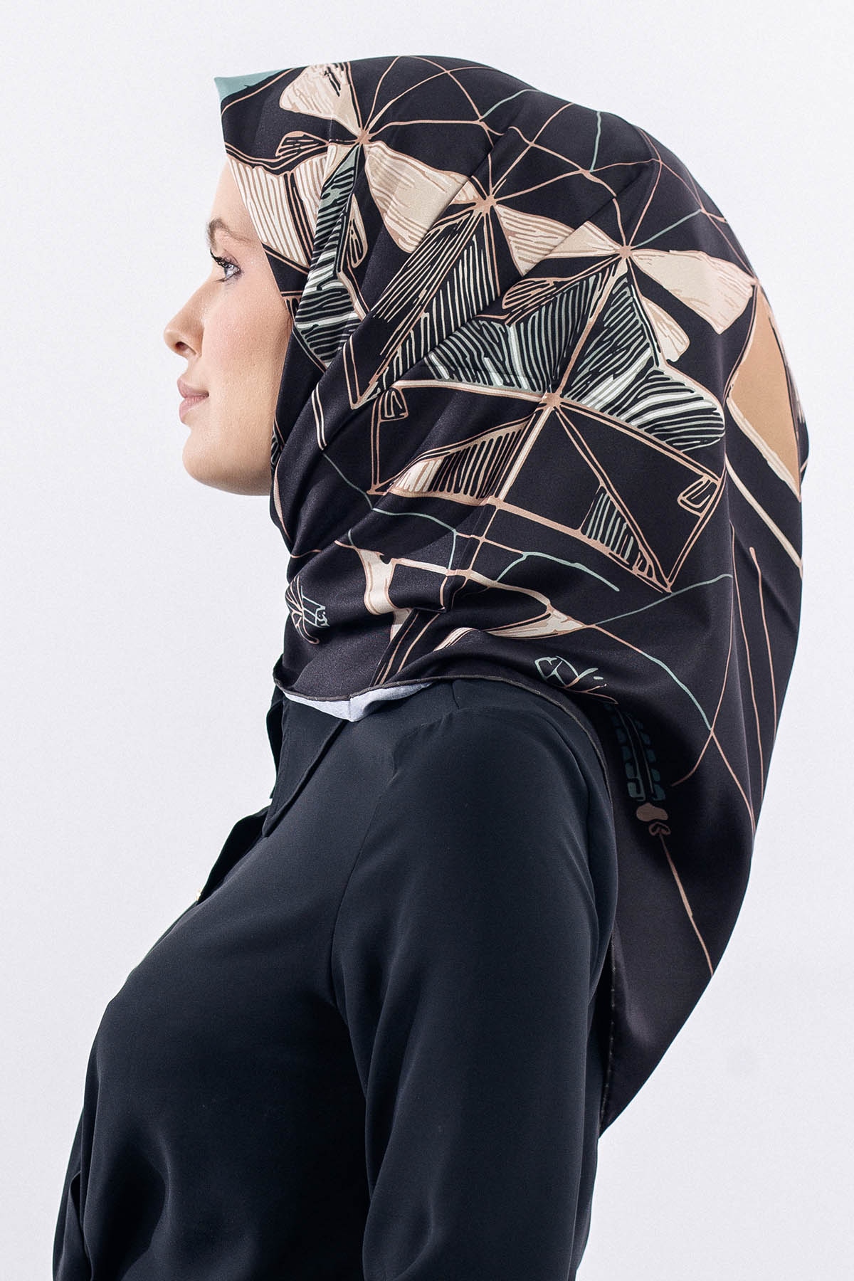 12507 Polyester Eşarp Tvıl Dokuma 90*90 - Siyah_krem - 2