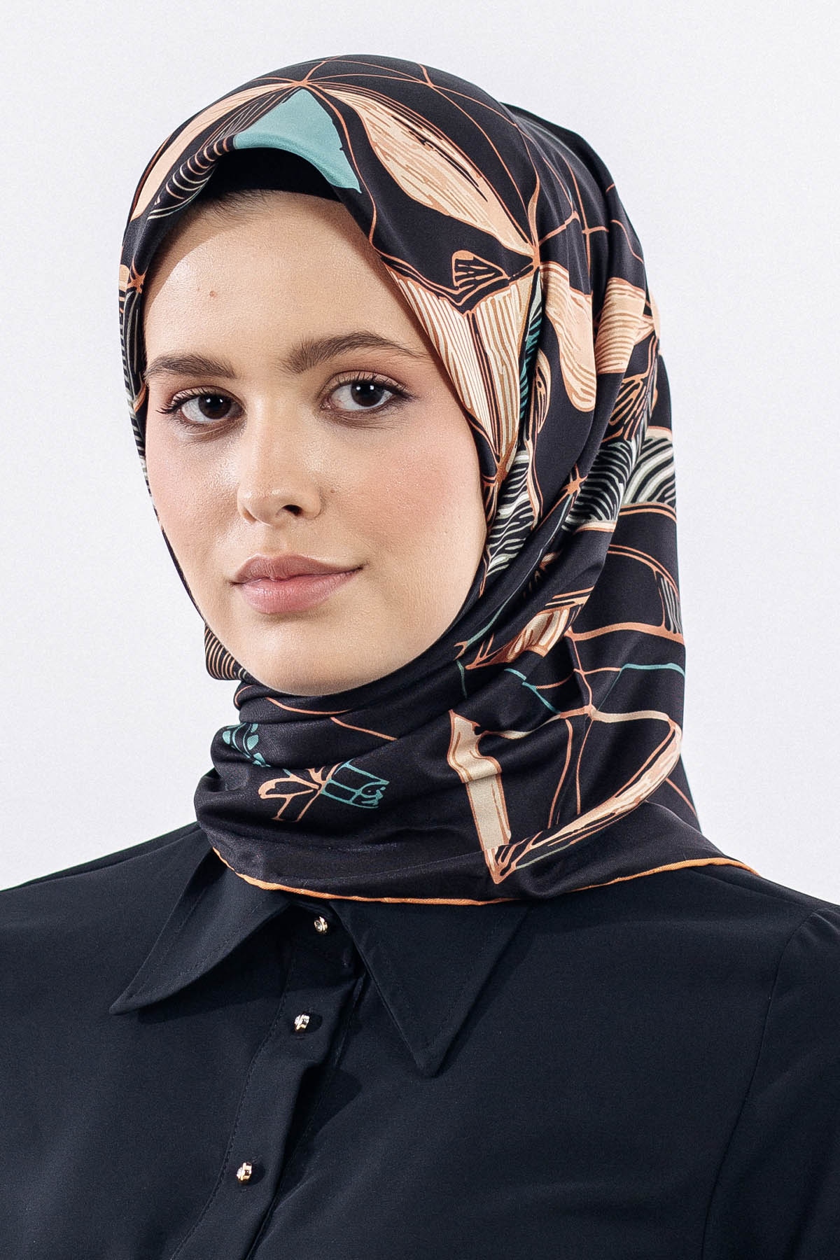 12507 Polyester Eşarp Tvıl Dokuma 90*90 - Siyah_turuncu - 1