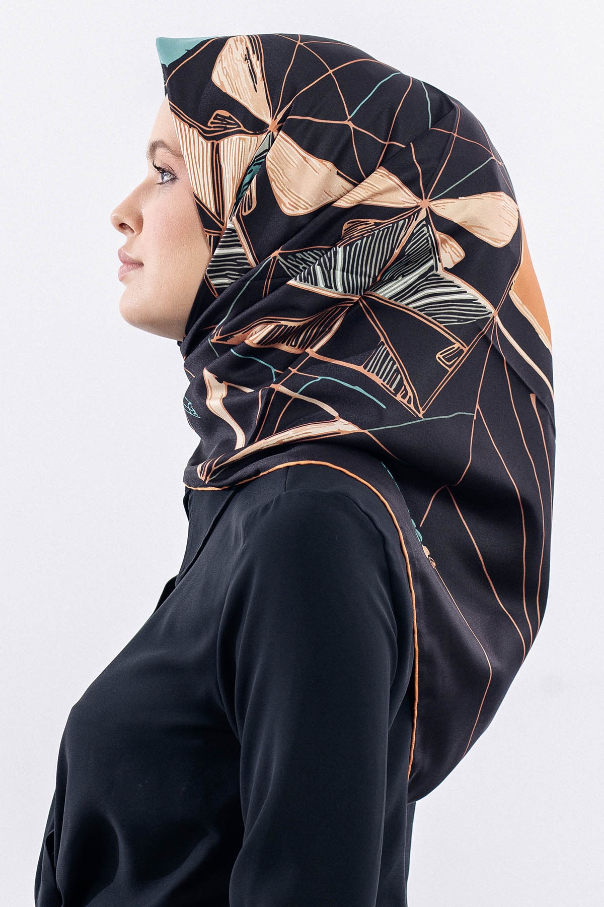 12507 Polyester Eşarp Tvıl Dokuma 90*90 - Siyah_turuncu - 2